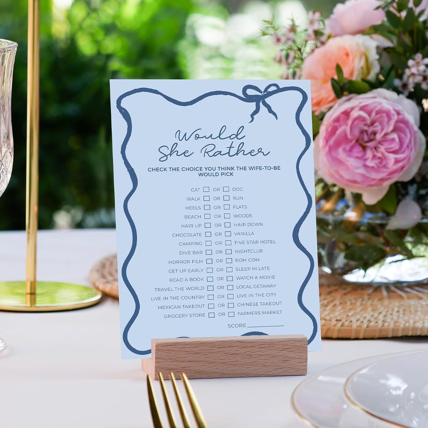 DEEKA 30 PCS Bridal Shower Games Card for 30 Guests Blue Wavy Border Ribbon Bow Funny Wedding Bachelorette Party Games for Reception (Would She Rather)