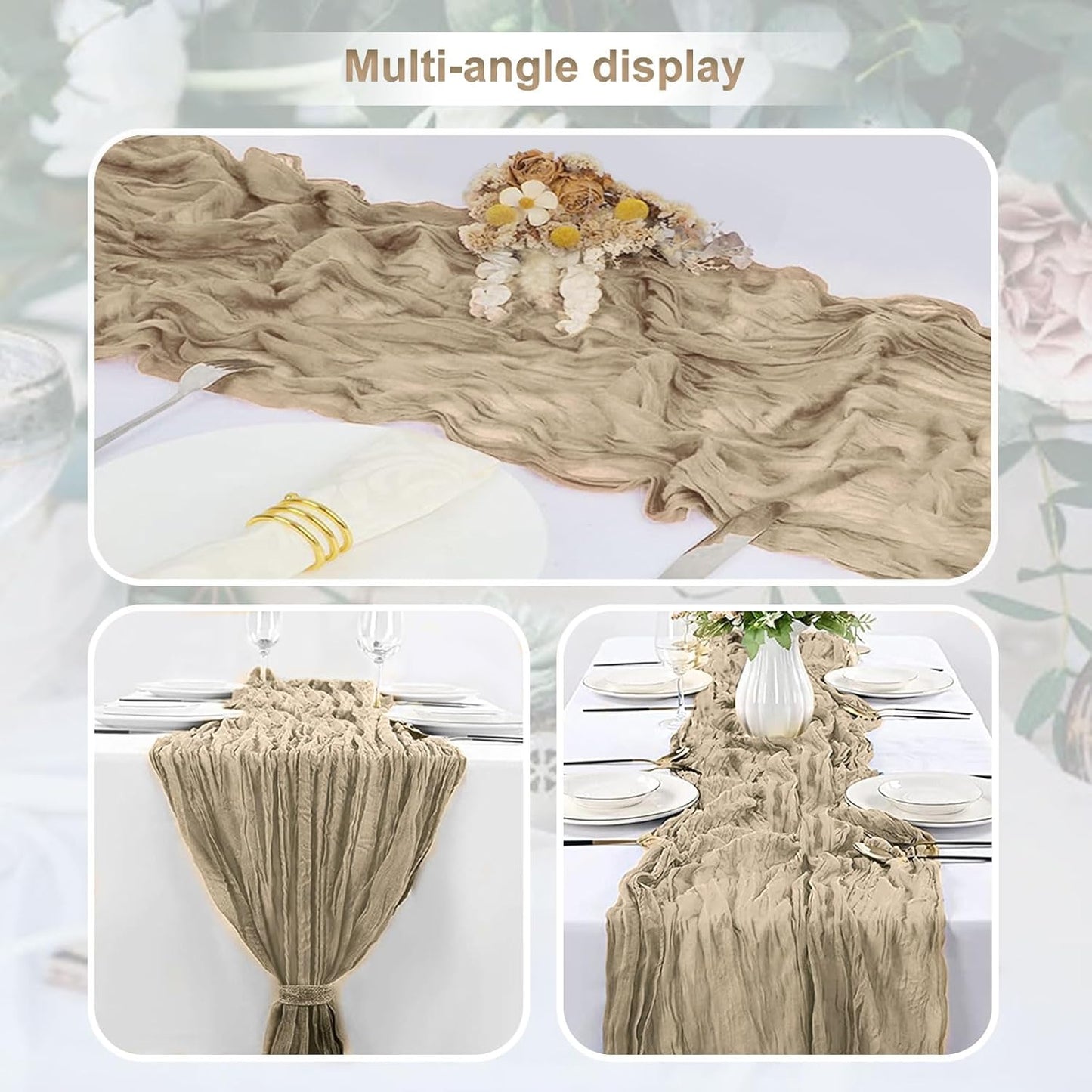 10 Pack Khaki Cheesecloth Table Runner 35x120 Inch 10Ft Rustic Gauze Cheese Cloth Table Runner Sheer Cheesecloth Table Runners for Wedding Party Bridal Shower Decoration