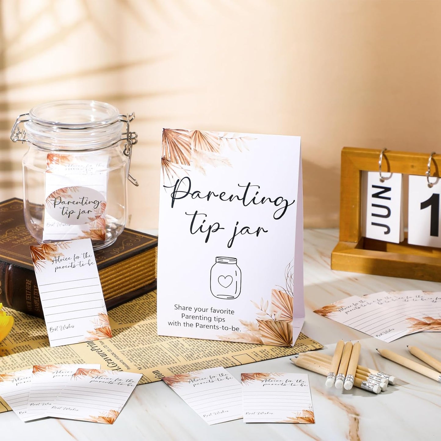 Roowest Baby Shower to Baby Advice Cards for New Parents to Be - Tip Jar Sign for New Parents 60 Parenting Advice Cards 10 HB Pencils 2 Cute Stickers 1 Pet Bottle for Guests Games(Boho)