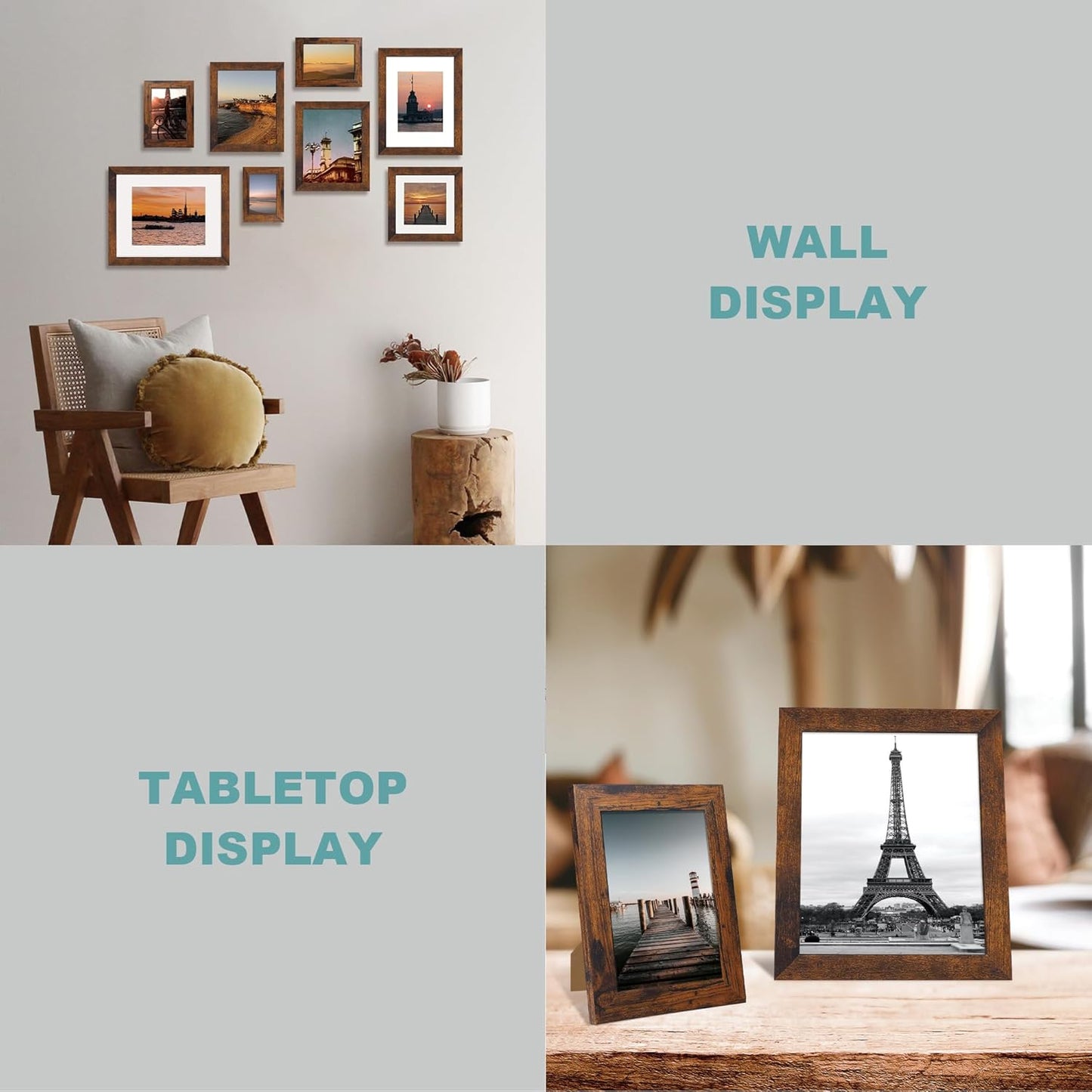 11x14 Picture Frame Set of 4 with Tempered Glass, Rustic Frame Display 8x10 Pictures with Mat or 11 x 14 Without Mat, Wooden Photo Frames for Wall Mounting