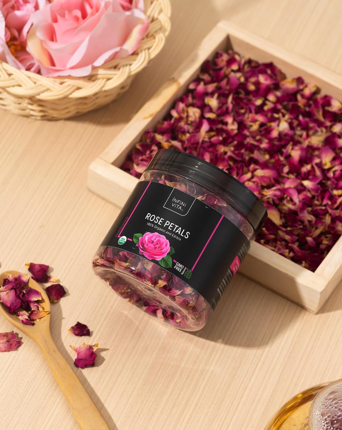 Infini Vita Dried Rose Petals 14g (0.5oz) - Edible Red Rose Tea - Dried Flowers for Cake Decorating, Drinks, Candle, and Soap Making (0.5oz)