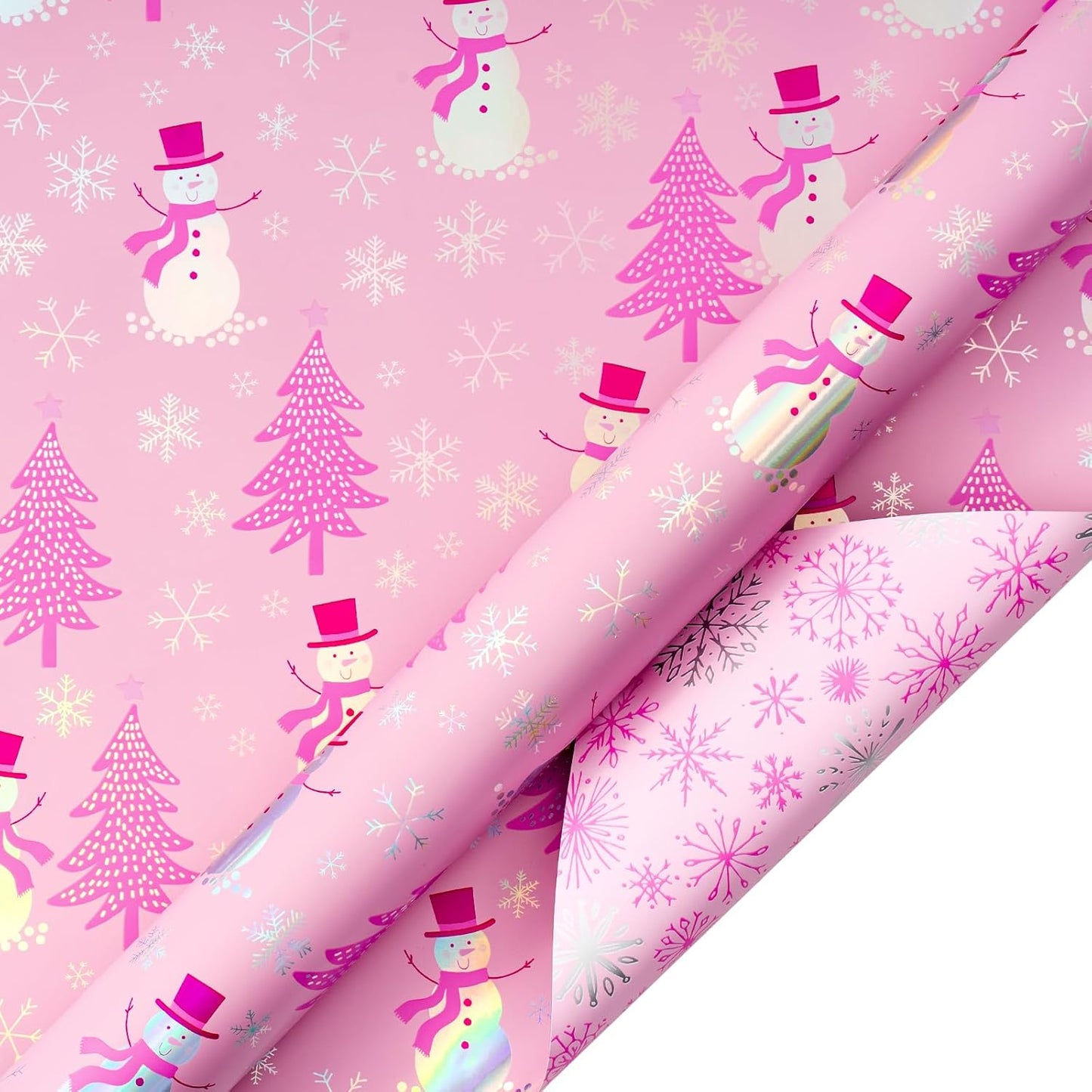 LeZakaa Christmas Pink Wrapping Paper Mini Roll, Snowman Christmas Tree & Snowflake Metallic Foil, Rose Gold Foil Reversible Design for Festive Winter Holiday, Family Gathering, 17 inches x 32.8 Feet