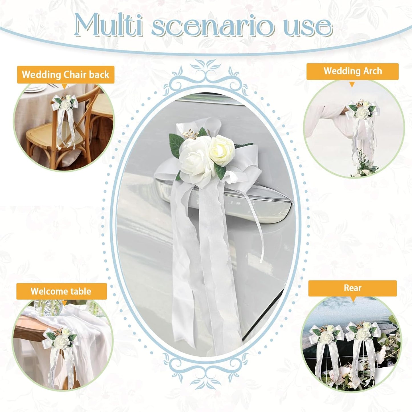 4PCS Wedding Car Door Handle Decorative Flowers, White Artificial Cars Bouquet Flower Bowknot Ribbon Decor, Just Married Automotive Decorations Accessories for Door Handles