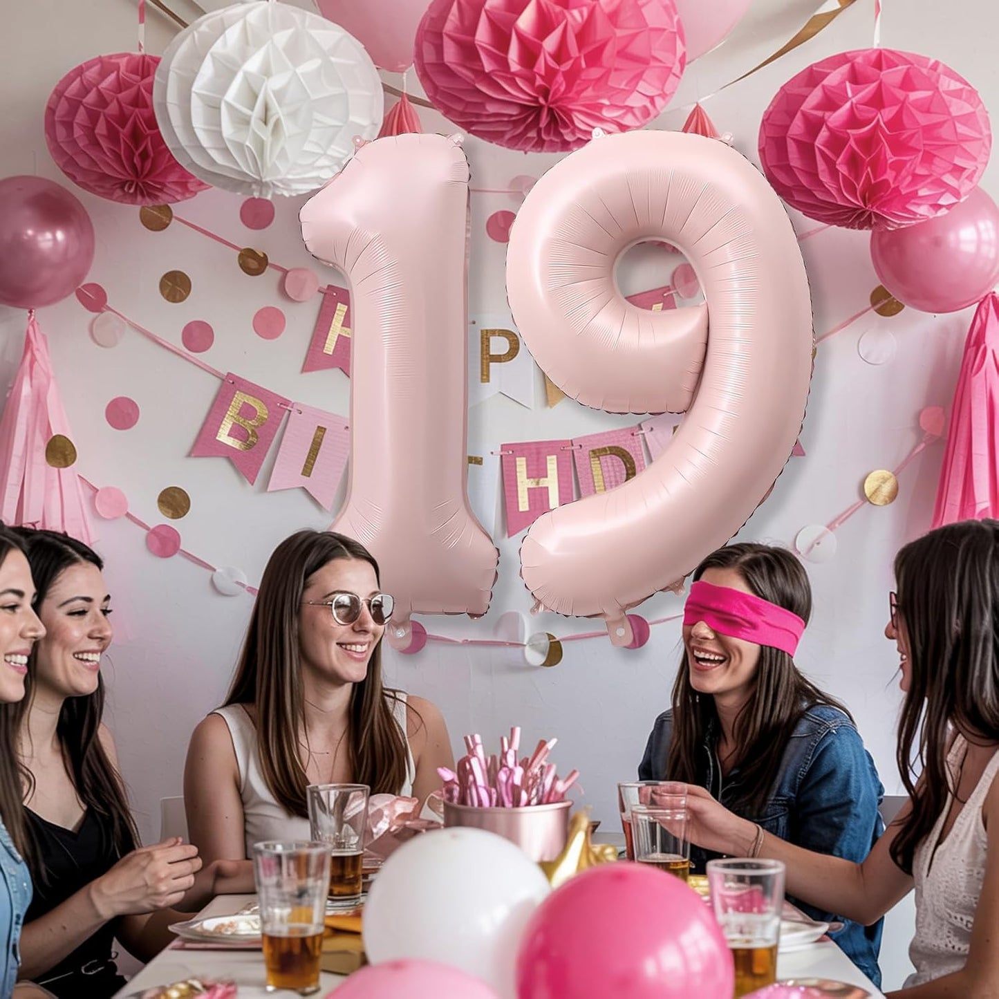 Pastel Pink 19 Balloon Number for Girls, 40'' Self Inflating Number 19 Balloons, Big Light Blush Pink Foil 1 & 9 Helium Balloon 19 for Women Boho Coquette 19th Birthday Party Anniversary Decorations
