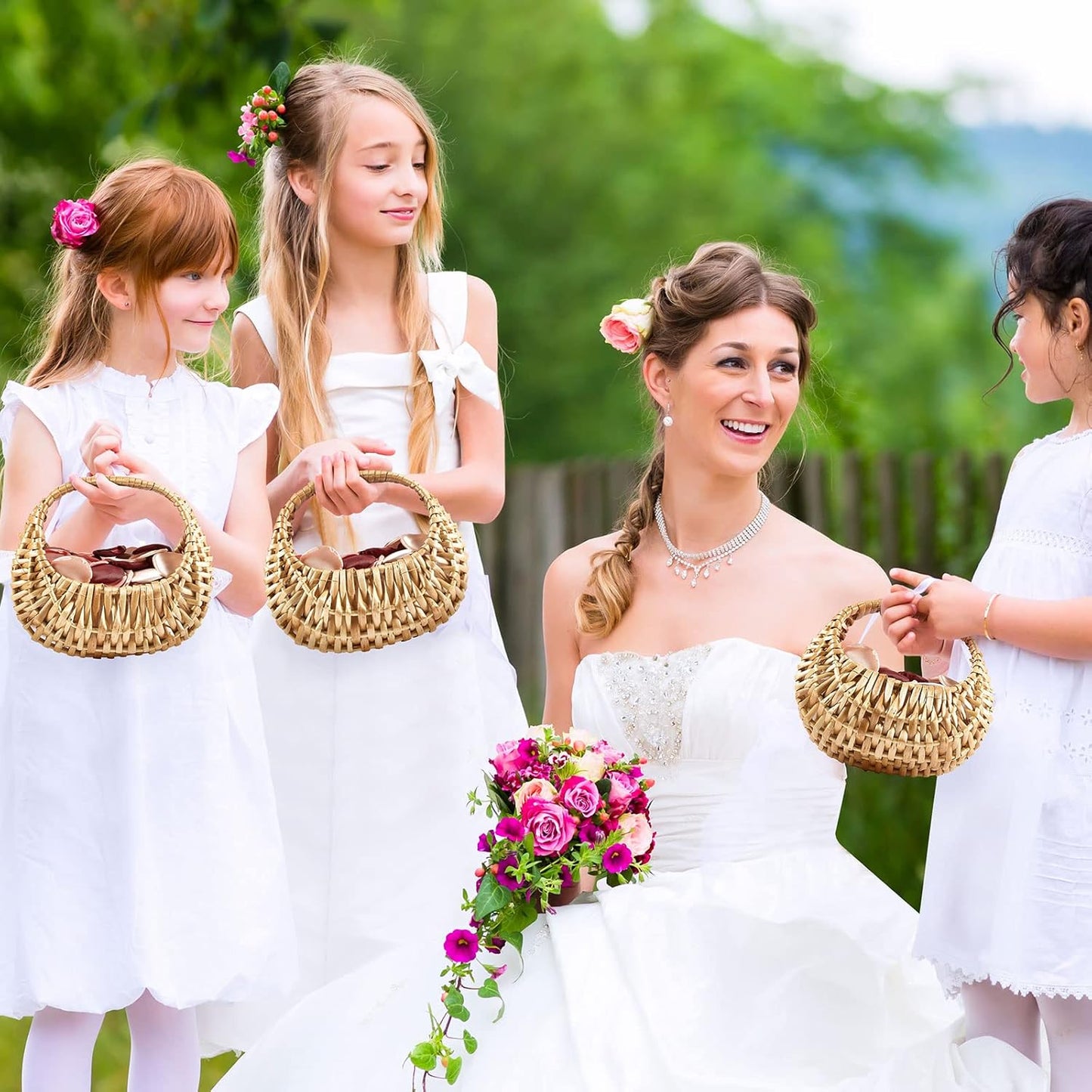 Taiyin 6 Pack Rattan Flower Girl Basket Small Half Moon Straw Wicker Basket with Handle Ideal for Wedding Flower Girl,Picnic,Garden Storage and Home Decor (Nature)