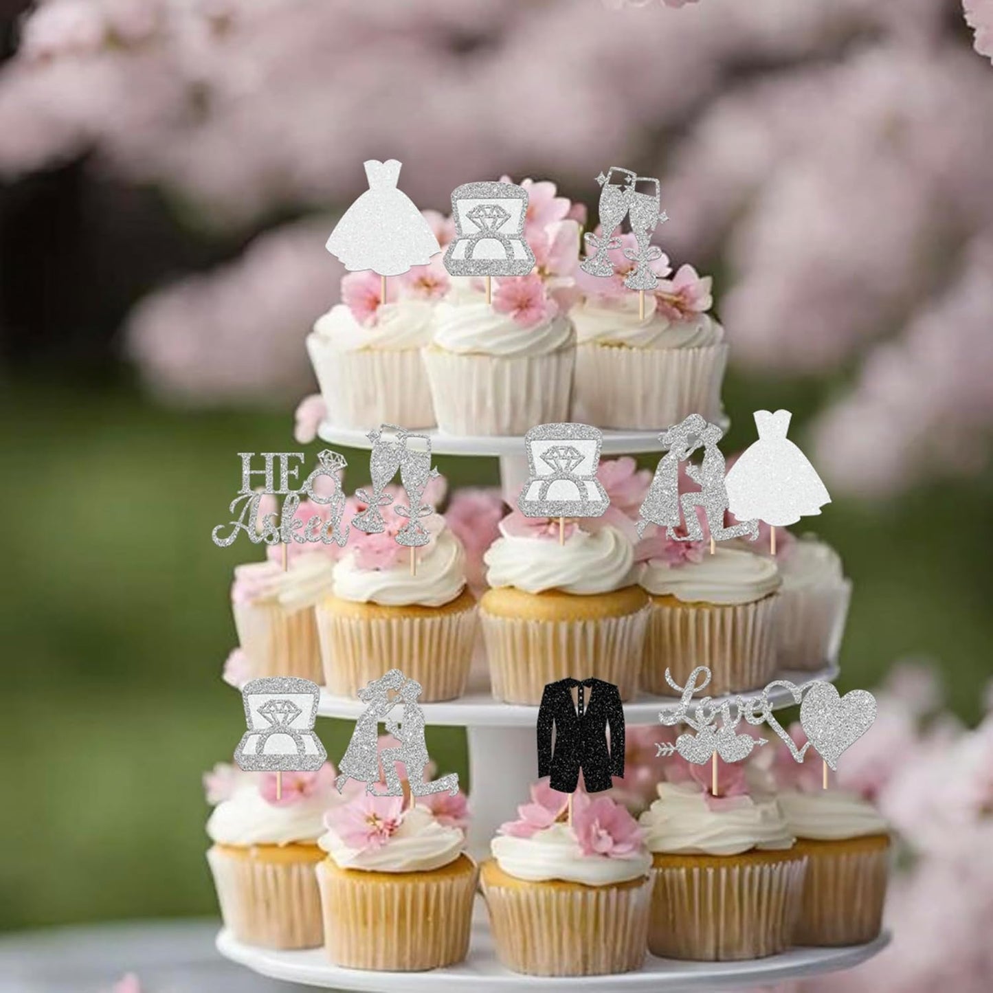 30 Pack Bride to be Cupcake Toppers Glitter Diamond Ring I Do Love Cupcake Picks Miss to Mrs He Asked She Said Yes Bridal Shower Wedding Engagement Bachelorette Cake Decorations Silver