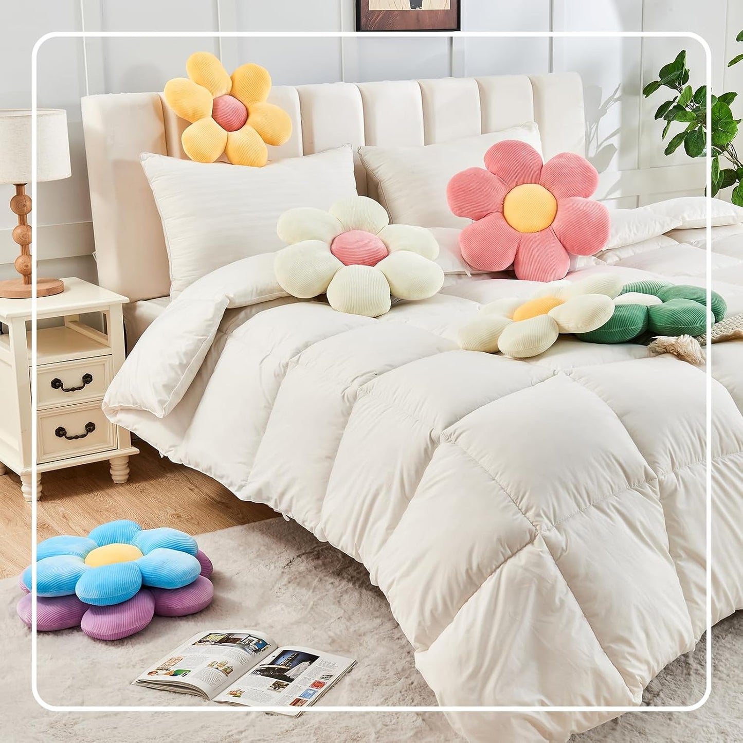 White Pink Flower Pillow, 14.9" Cute Flower Shaped Floor Pillow, Aesthetic Floral Plush Daisy Decorative Throw Pillows for Bed Sofa Couch