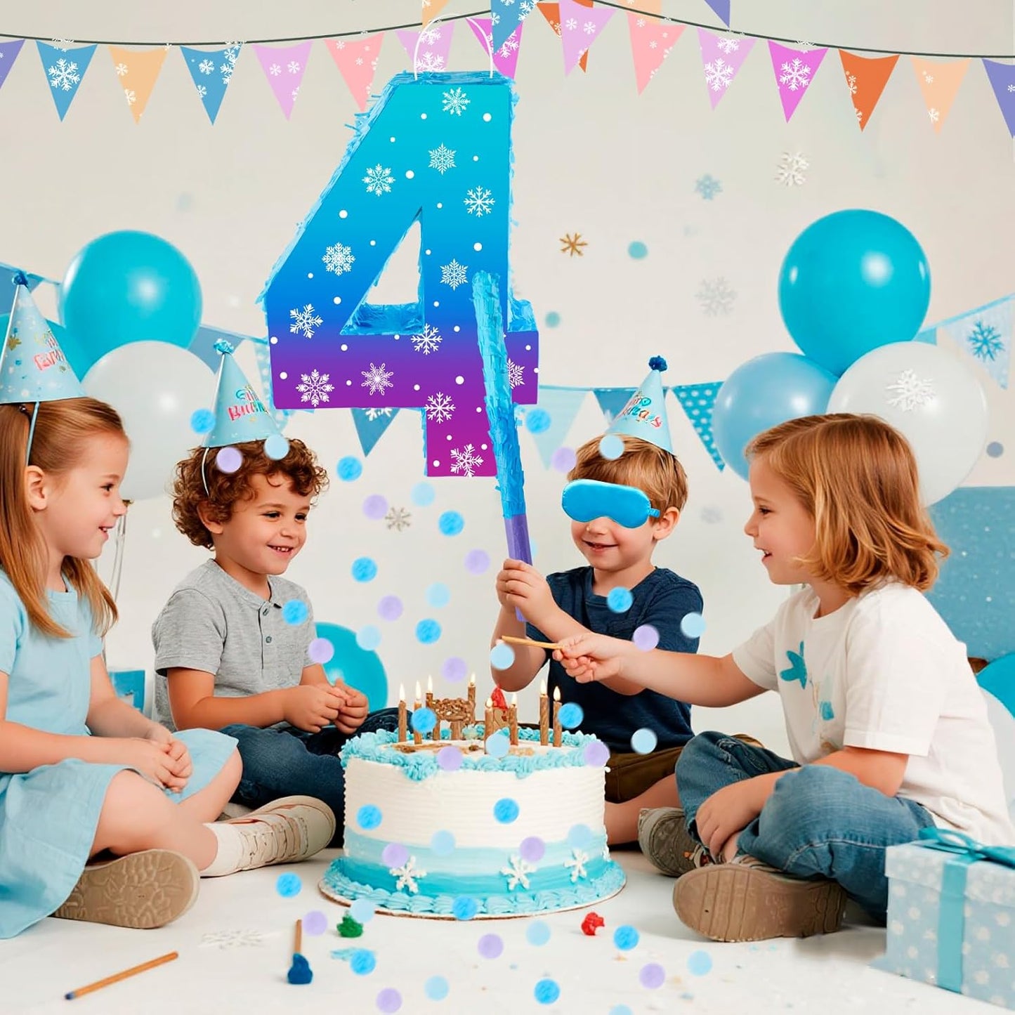 Snowflake Birthday Decorations, Winter Ice Snowflake Number 3 Pinata with Stick Blindfold and Confetti Snowflake Piñata 3rd Birthday Party Decoration & Supplies (Snowflake 4)