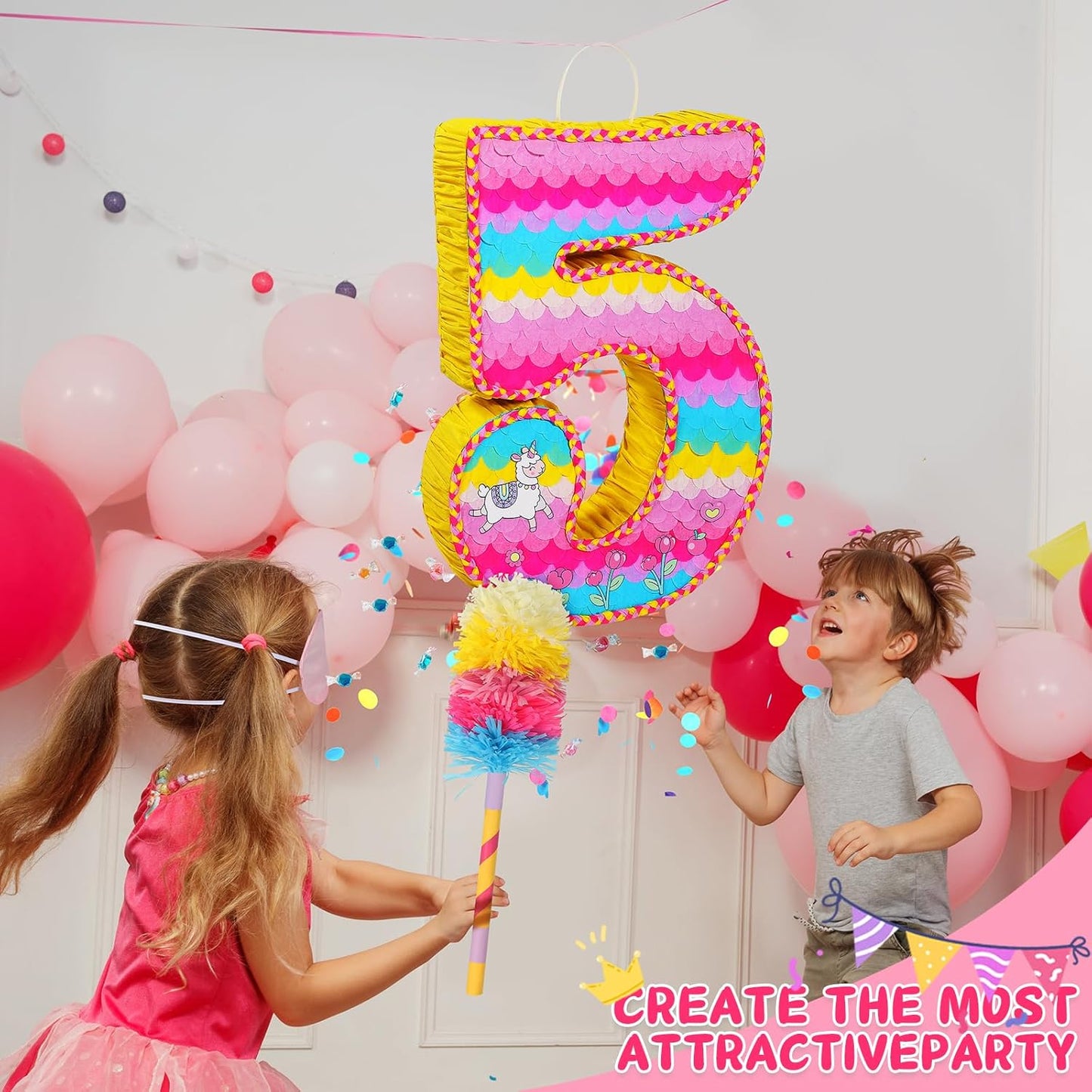 Number 5 Pinata for Birthday Party Decorations, Unicorn Mermaid Theme Pink Piñata Games Toy (5th)