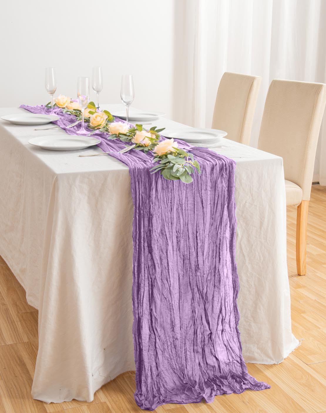 6 Pack Lavender Cheesecloth Table Runner 21x120 Inch Boho Wrinkled Sheer Romantic Gauze Decor for Wedding, Bridal Shower, Birthday Party