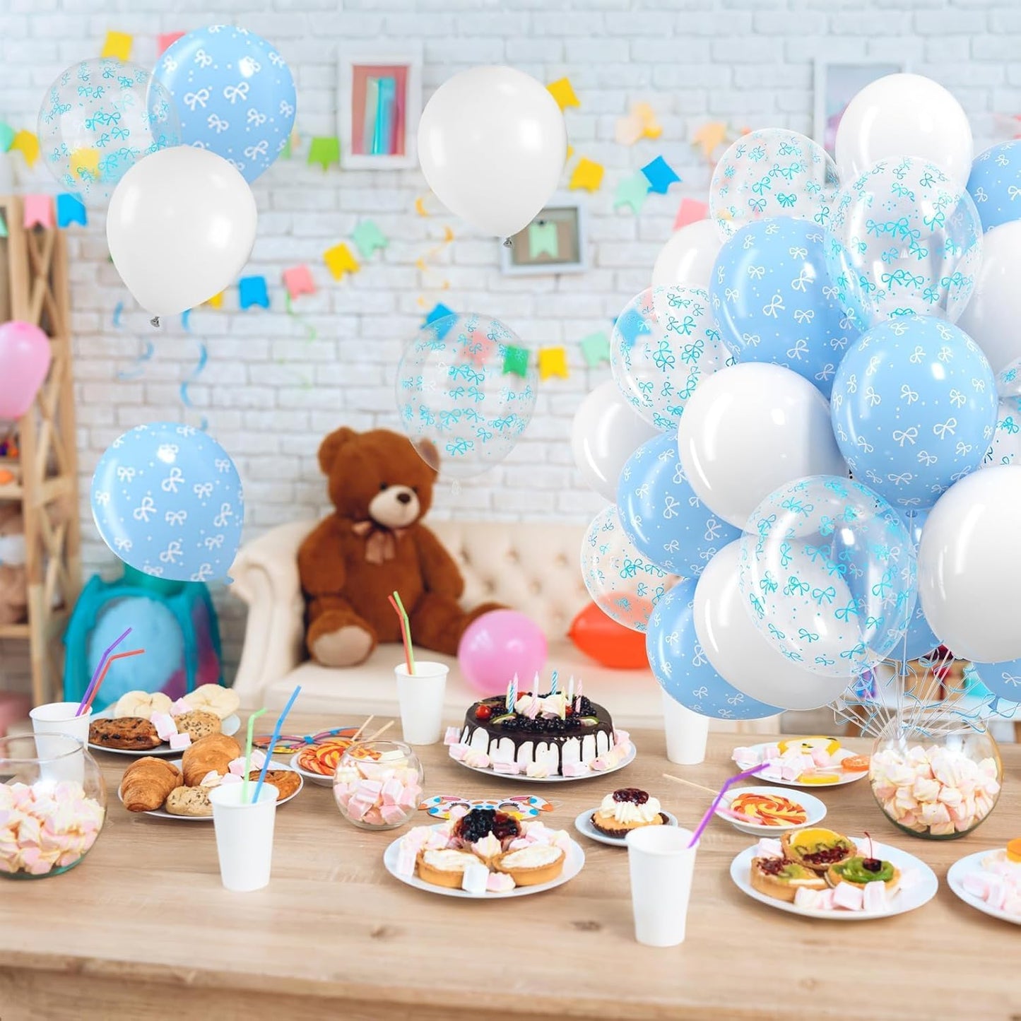 Blue Bow Balloons,12 Inch Pastel Light Blue Clear White Latex Balloon for Girls Women Birthday Bachelorette Bridal Wedding Anniversary Bow Theme Party Supplies