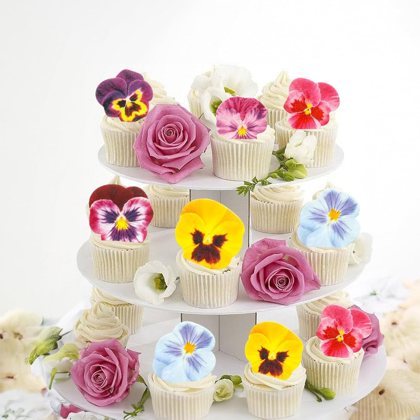 Ephlyn 64Pcs Edible Flower Cupcake Toppers Spring Bridal Engagement Baby Shower Birthday Party Cupcake Picks Anniversary Party Decorations Supplies