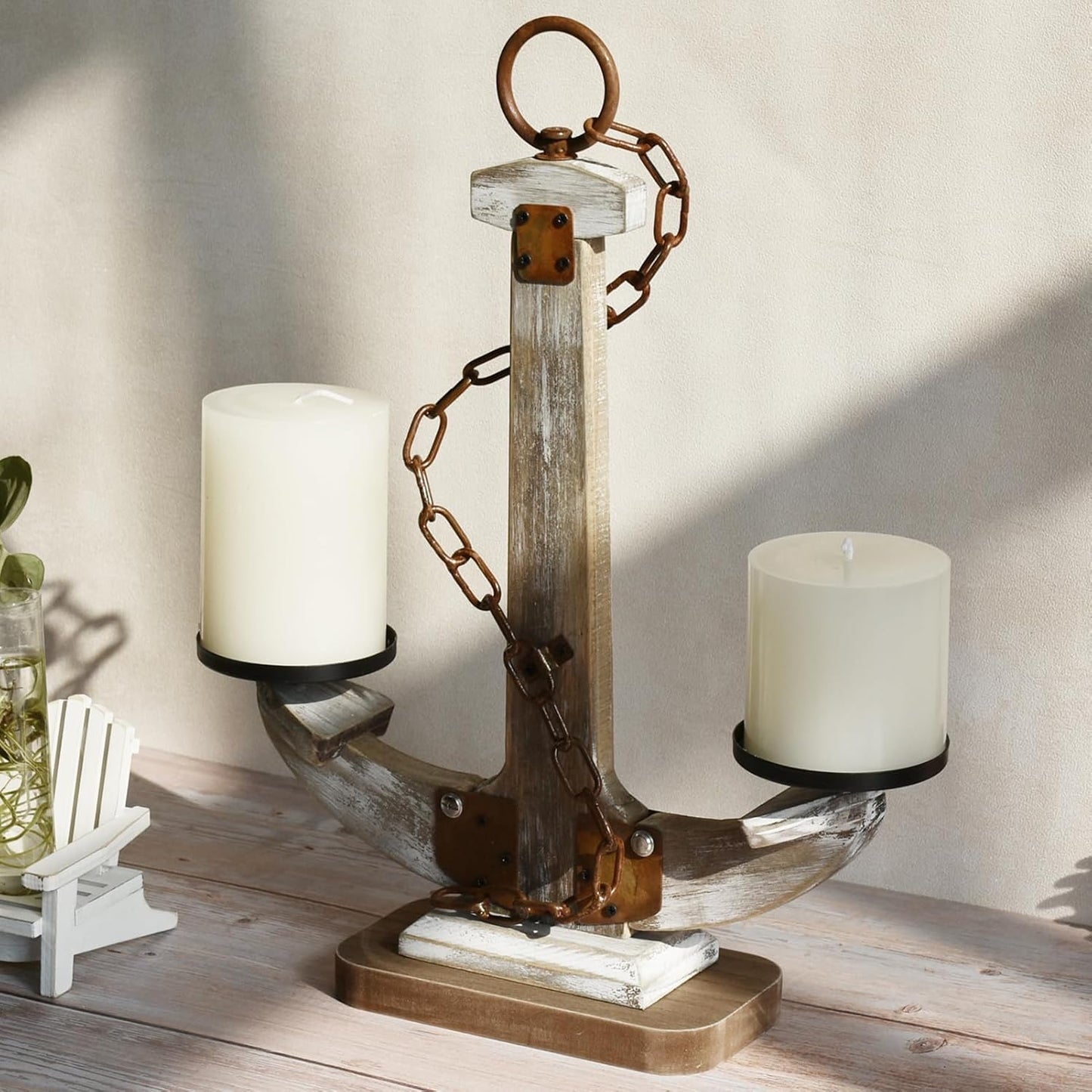 Wooden Anchor Candle Holder Coastal Decor Lake House Decor, Vintage Home Decor Candle Stand Table Centerpiece Candle Holder for 2 Candles, Nautical Decor Beach Decor Large Candles Stand