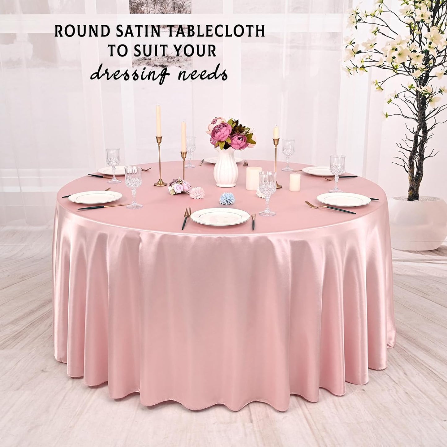 6 Packs Satin Tablecloth 120 Inch Rose Gold Round Table Cloth Silk Tablecloth Smooth Fabric Overlay Satin Table Cover Decoration for Wedding Party Banquet Events