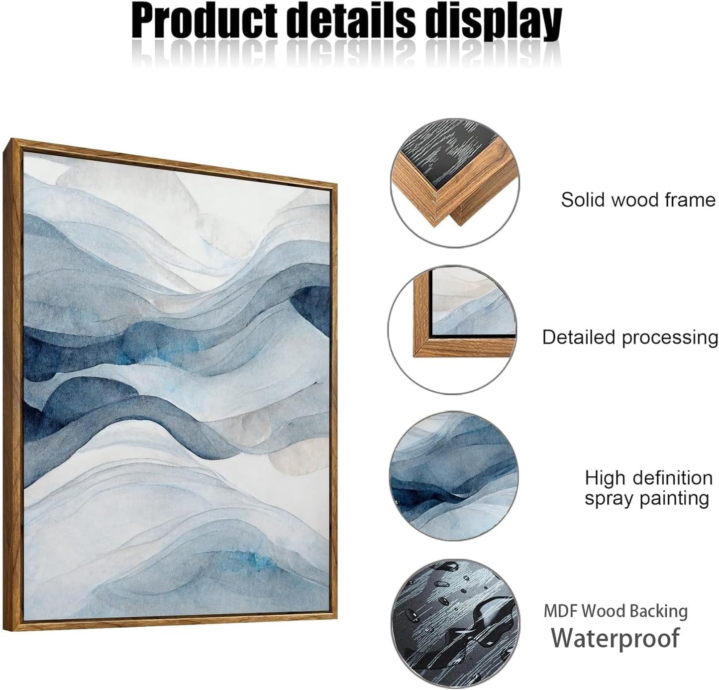 myusuar 3 Piece Large Abstract Framed Wall Art For Living Room, Smoke Texture Ink Navy Blue Canvas Wall Art Modern Minimalist Art Prints Wall Décor For Bedroom Office 16x24in