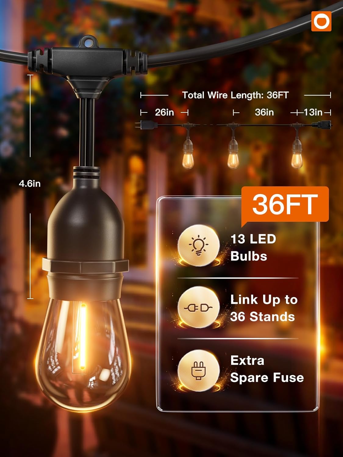 addlon LED Outdoor String Lights 36FT with Dimmable Edison Vintage Shatterproof Bulbs and Commercial Grade Weatherproof Strand - ETL Listed Heavy-Duty Decorative Lights for Patio Garden