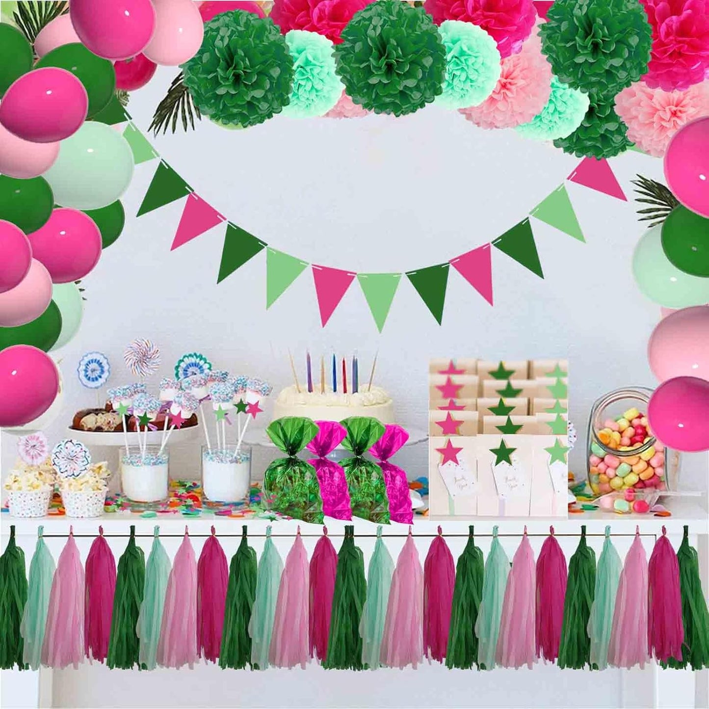 Green Pink Tissue Paper Pom Poms-12PC Tissue Paper Flowers-Wall Hanging Decorations for Bachelorette, Neutral,Bridal,Baby Shower,Hawaiian Birthday Decorations 8,10, 12in