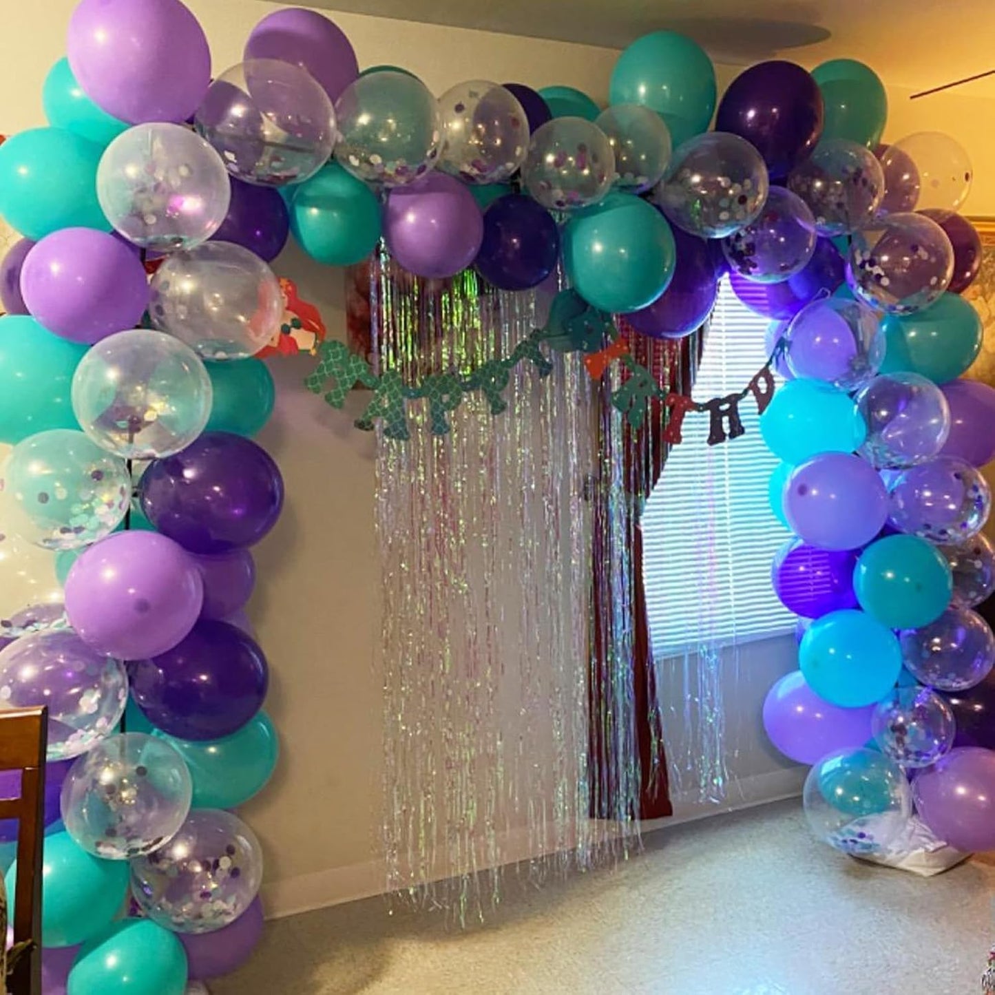 Mermaid Balloon, 12 Inch Mermaid Theme Balloon, Metallic Purple Green Party Balloons, Teal Green Purple and White Balloons with Confetti for Mermaid Party Girls Birthday baby shower Decoration
