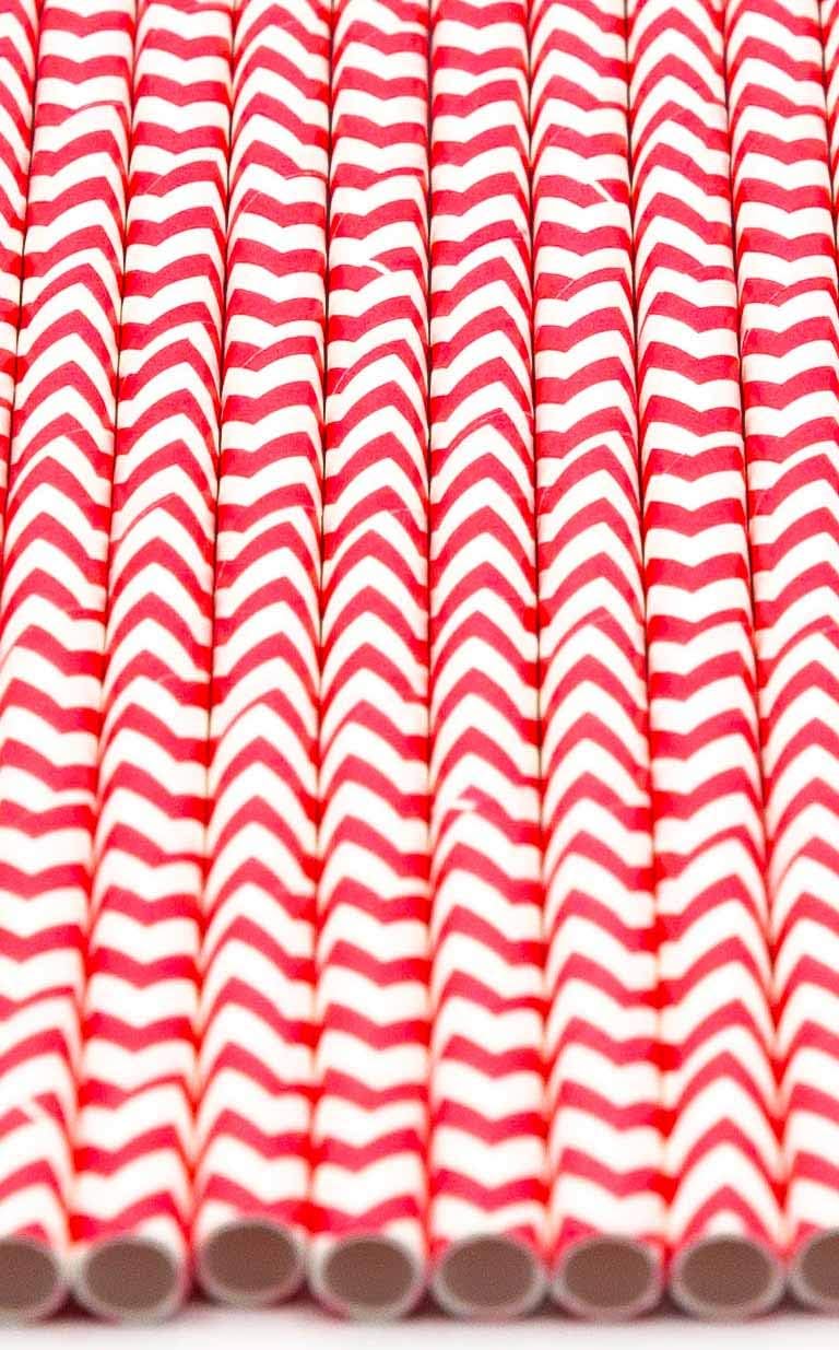 Pack of 300 Red Chevron Biodegradable 4-Ply Paper Drinking Straws (Compostable, Non-toxic, BPA-free)