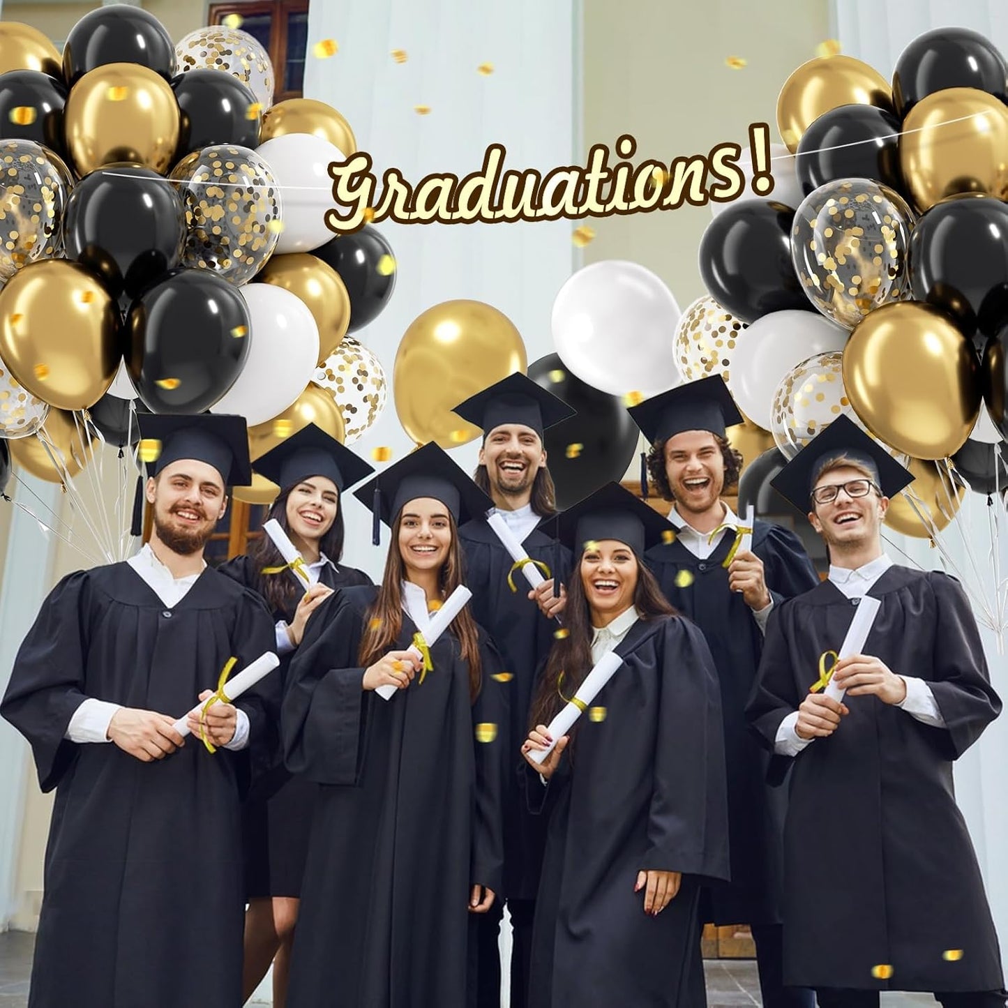 Black White and Gold balloons, 60pcs 12inch Black White Metallic Gold Confetti Balloons for Graduation 2025 Anniversary Birthday Party Decorations