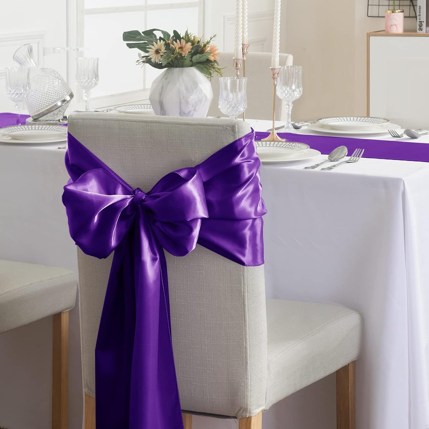 24Pack Table Runner 12 x 108 Inches Satin Silk Table Runner for Wedding, Birthday Party, Banquets, Graduations Decoration, fit Rectange and Round Table-Purple