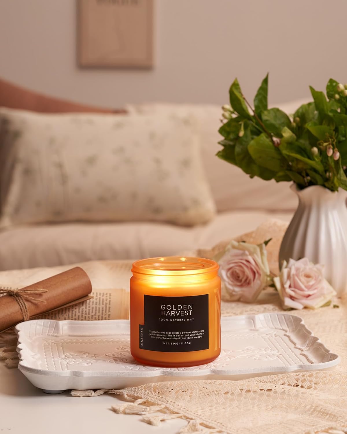 M&SENSE Fall Harvest Scented Candle, 11.6oz Natural Soy Wax 70 Hours Long Lasting Highly Scented 2 Cotton Wick Candle Gifts for Birthday Holiday, Decorative & Home