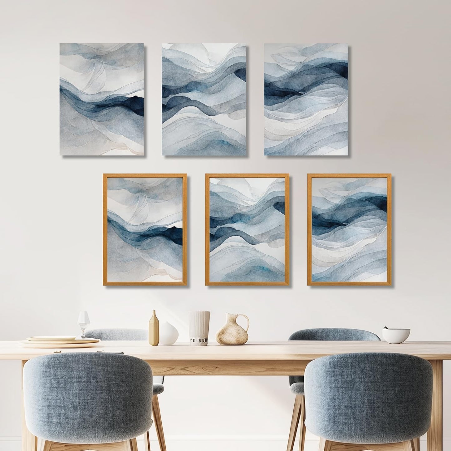 IAFWZX Wood Framed Blue Gray Abstract Wall Art, Modern Minimalist Waves Wall Decor, Neutral Watercolor Line Canvas Paintings, Navy Blue Watercolor Poster Prints for Living Room Office 12"x16"x3