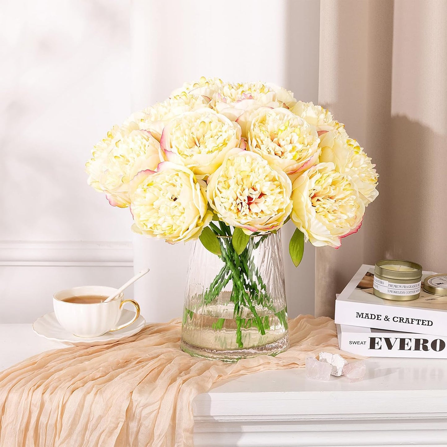 U'Artlines 20 Heads Artificial Peony Silk Flower Leaf Home Office Wedding Party Festival Bar Decor (Champagne)