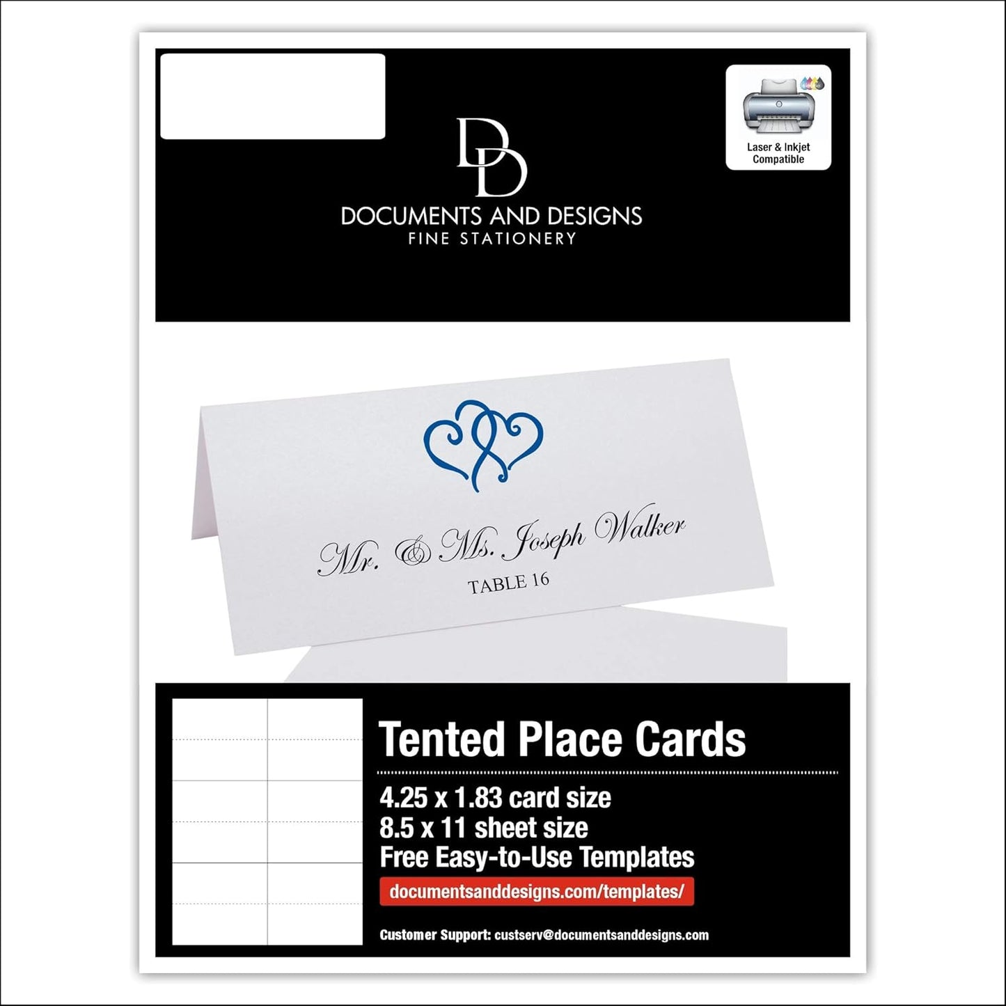 Linked Hearts Printable Place Cards, Royal Blue (Choose Color), Set of 60 (10 Sheets), Laser & Inkjet Printers - Wedding, Party, Dinner, and Special Events - Made in the USA