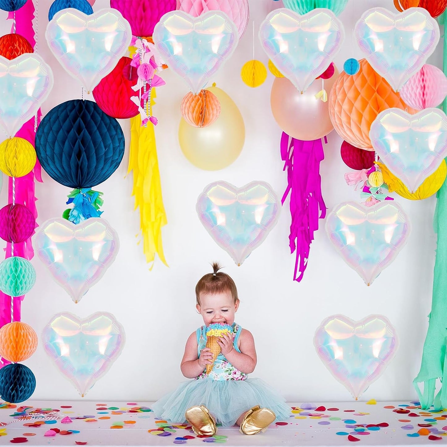 Iridescent Heart Balloons,12Pcs 18Inch Iridescent Heart Shaped Foil Helium Polyester Film Balloons for Baby Shower Birthday Anniversary Wedding Engagement Disco Party Decorations