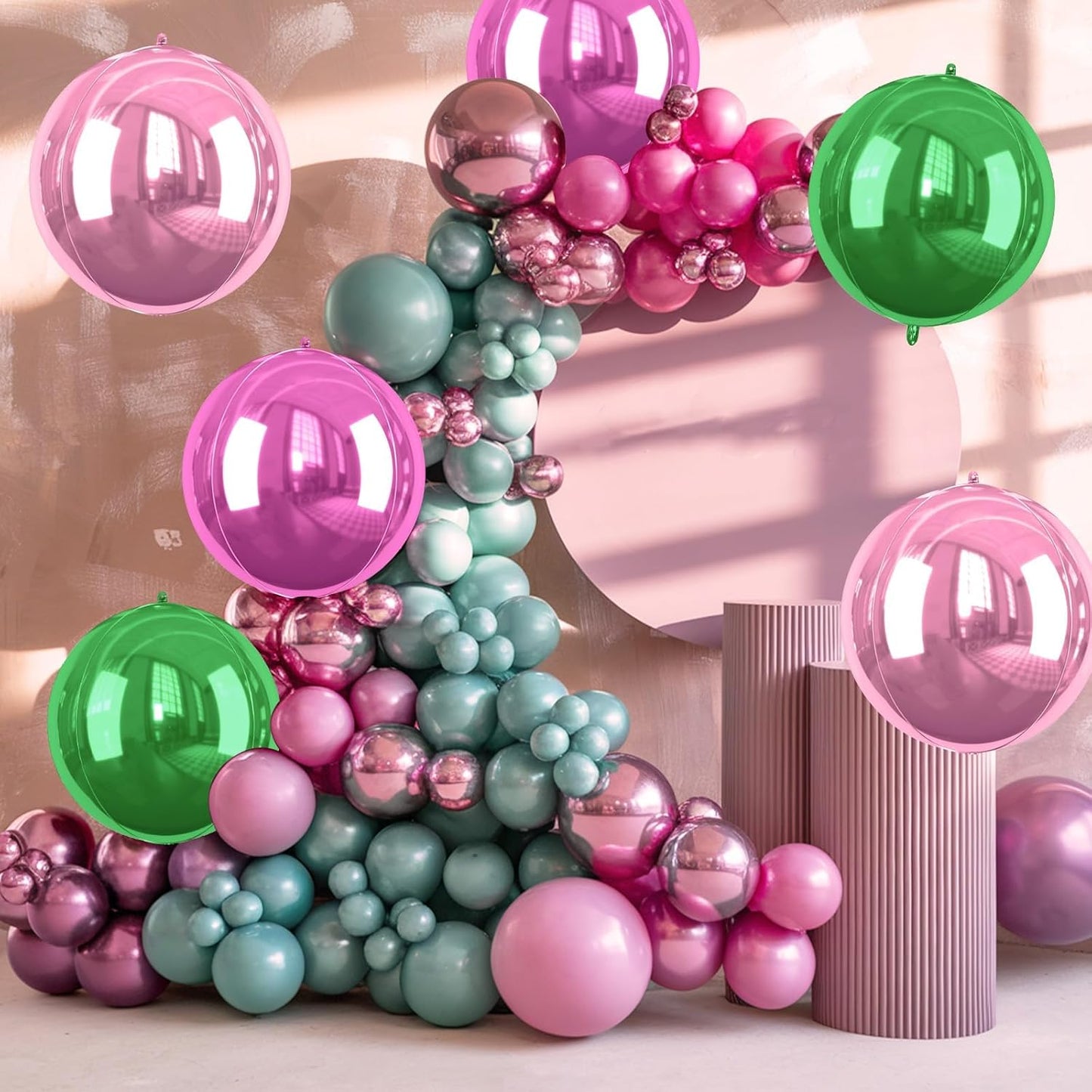 Green Pink Giant 4D Foil Balloons, 6 Pcs Large Metallic Green Pink Black Round Balloons, 22 Inch Big Round Foil Balloon for Summer Birthday Party Baby Shower Graduation Wedding Decorations