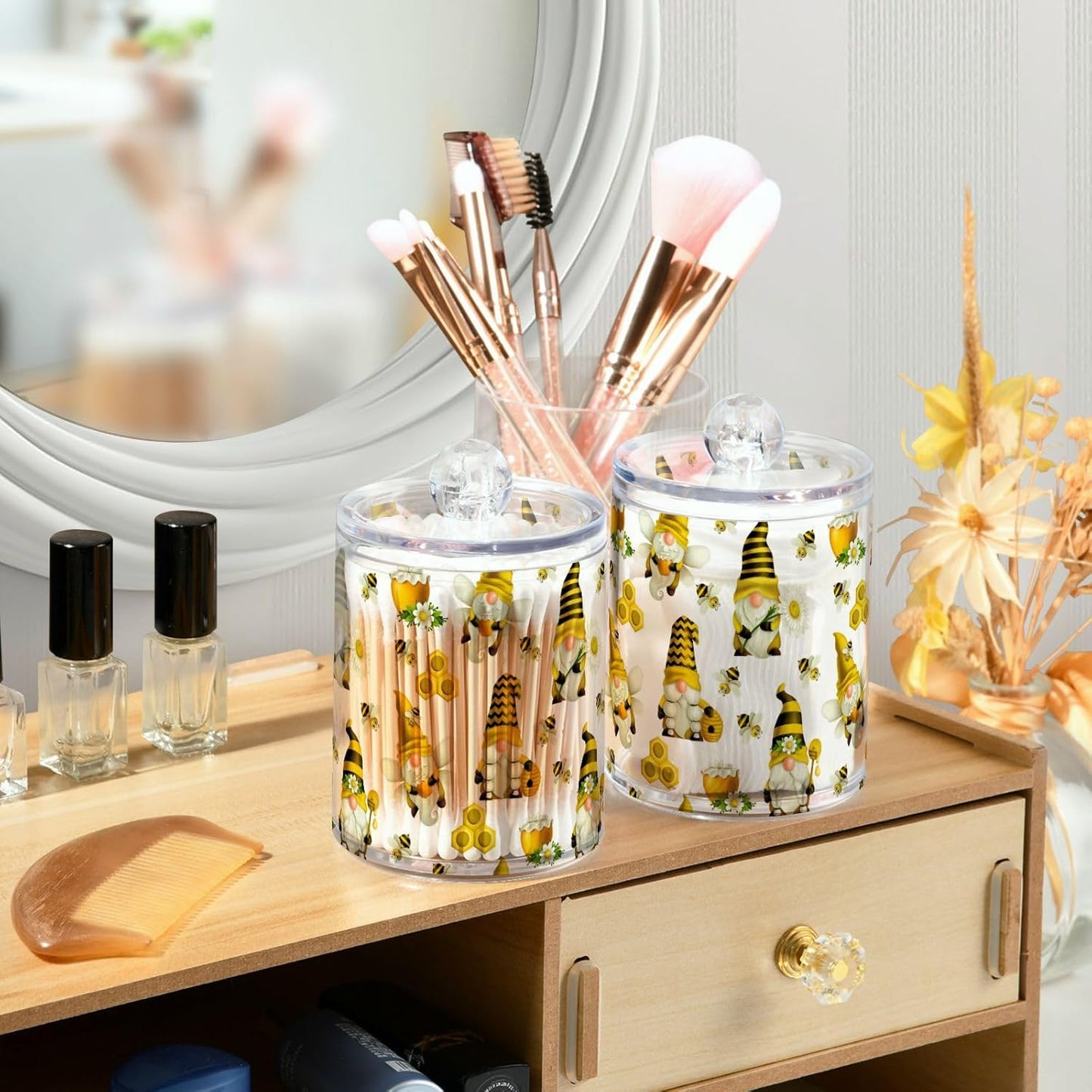 Qtip Holder Dispenser 4 Pack Gnome Bees Flying Dwarf Daisy Apothecary Jars with Lids Bathroom Vanity Countertop Canister Storage Organizer for Cotton Ball,Swabs,Pads,Floss