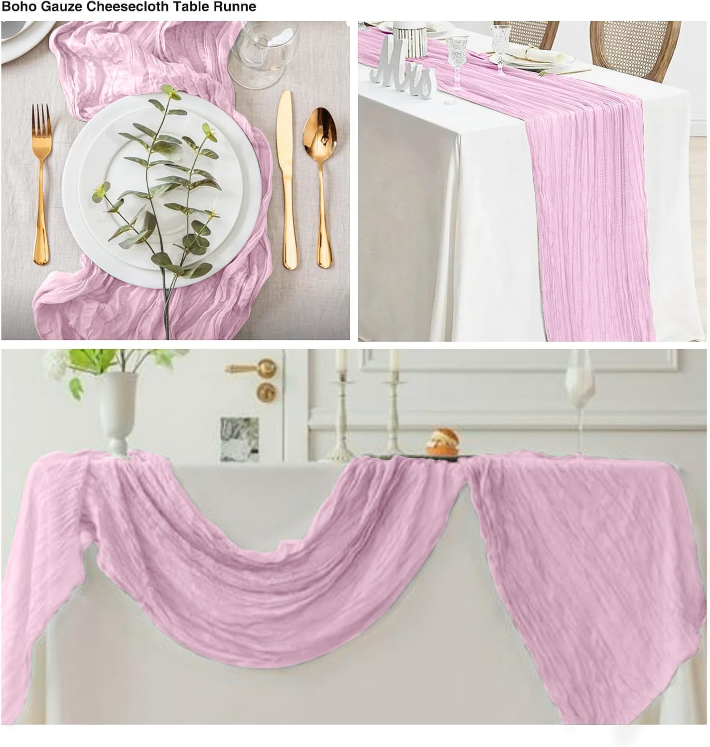 20 Pack Light Pink Cheesecloth Table Runner 17x108 Inch Boho Wrinkled Sheer Gauze Cheese Cloth Table Runner Bulk Decor for Wedding, Bridal Shower, Birthday Party