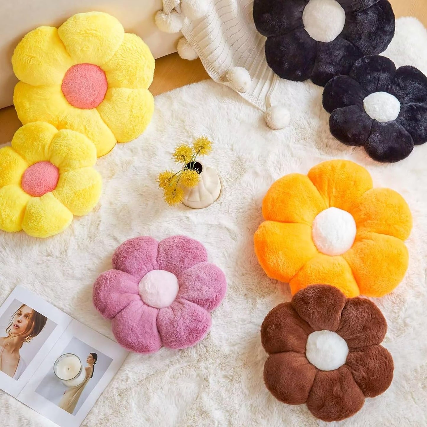 Brown Flower Pillow, Cute Decorative Flower Shaped Throw Pillow with Faux Rabbit Fur, 14.9" Soft Flower Plush Throw Pillow Floor Pillows Room Décor for Bedroom Living Room