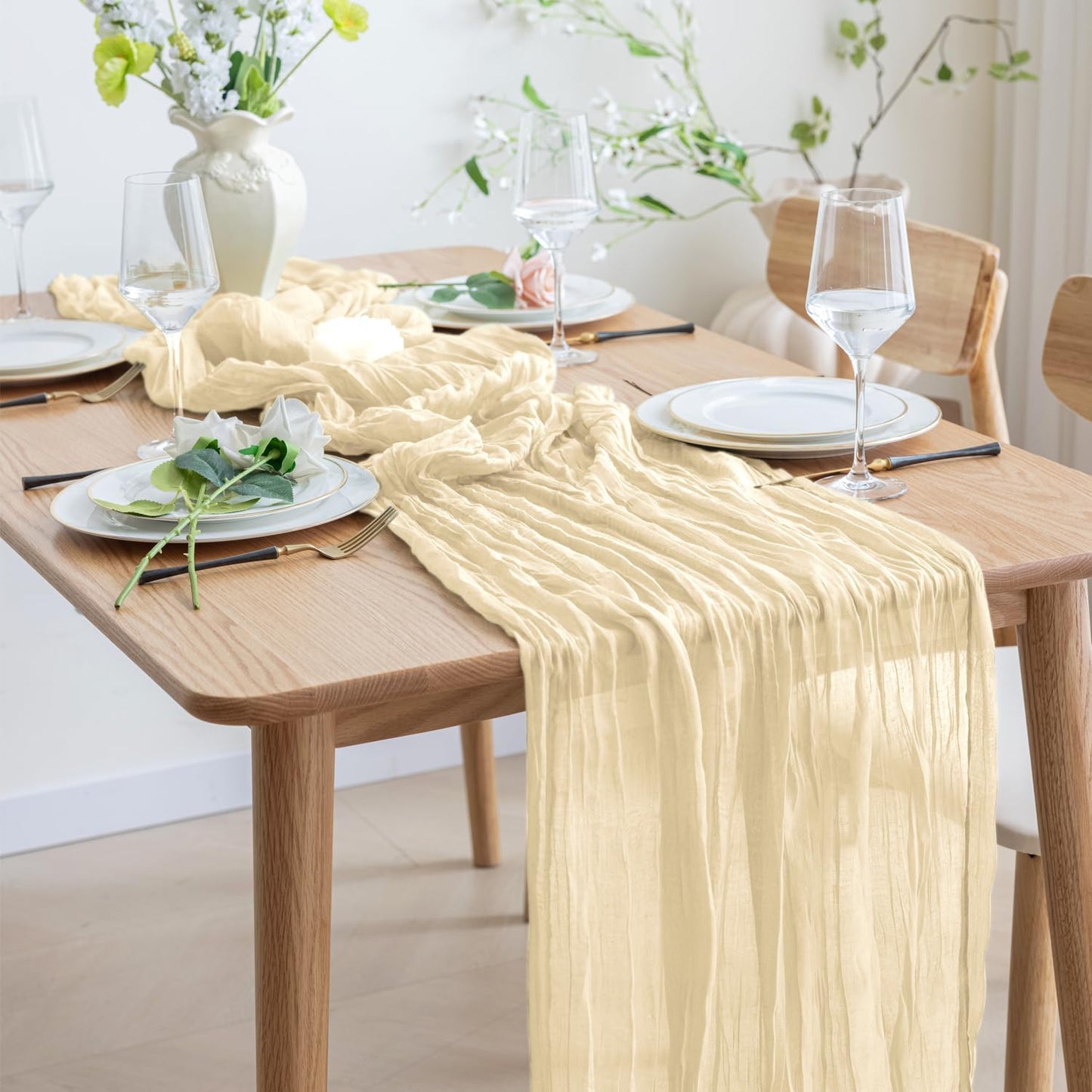 Asee'm 2pcs Cheesecloth Table Runner 120 Inches Long Beige Boho Gauze Cheese Cloth Runner 10FT Rustic Sheer Table Runners for Christmas Wedding Party Baby Shower Spring Easter Decoration