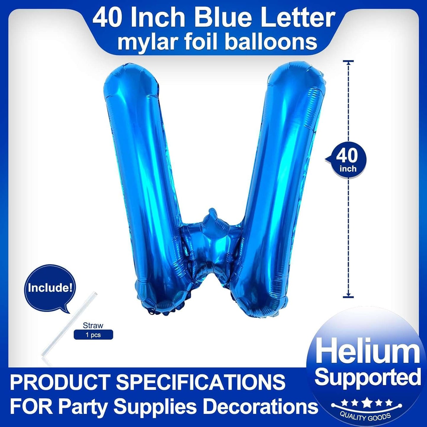 40 Inch Blue Letter W Balloons, DIY Phrase Foil Alphabet Letter W Balloons DIY Word W Banner for Birthday Anniversary Celebration Graduation Party Supplies Decoration