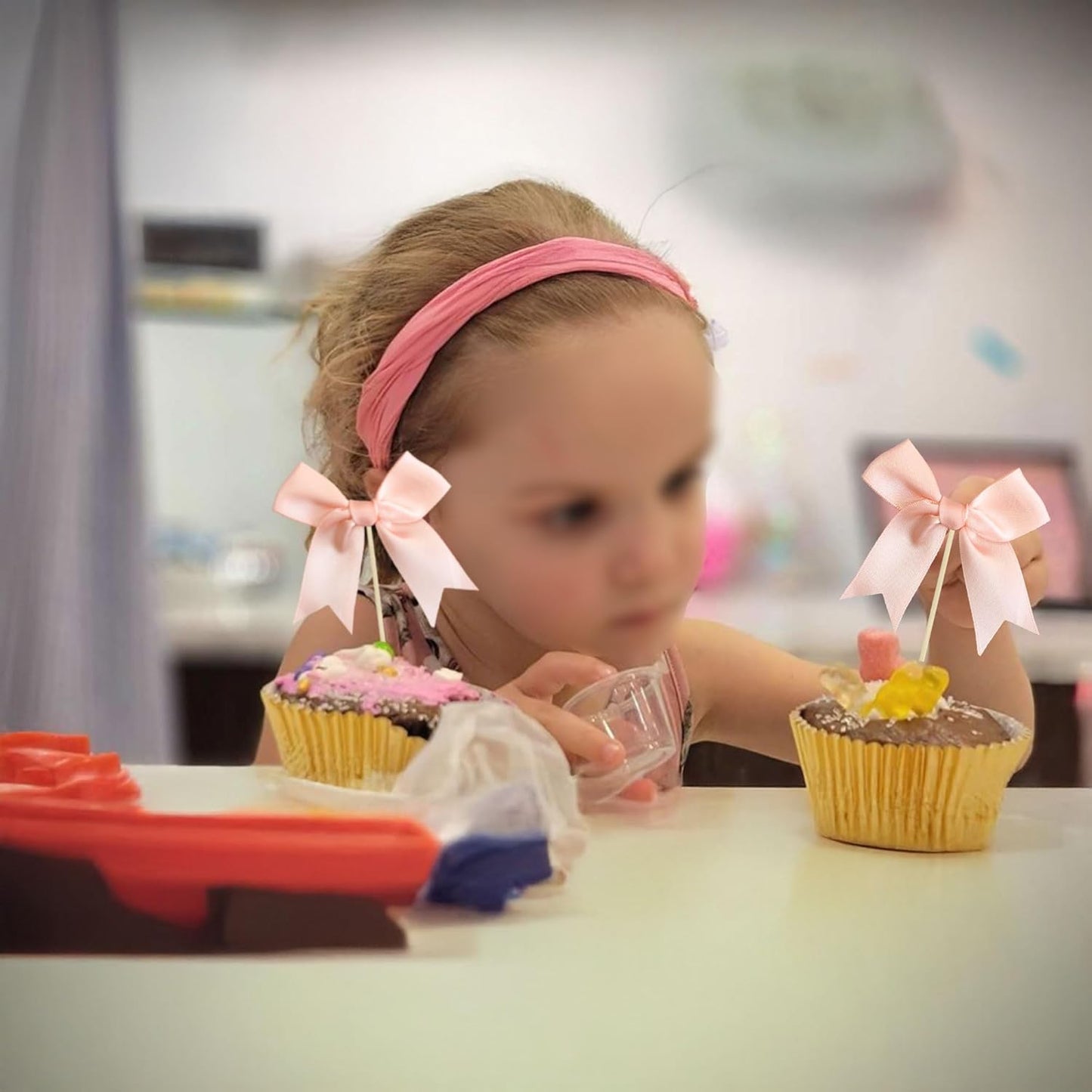 Ephlyn 24Pcs Pink Bow Cupcake Toppers Pink Bow Cake Topper Birthday Decorations, Mini Bowknot Cupcake Picks for Coquette Theme Party Decoration Bachelorette Bridal Engagement Wedding Party Dark Pink