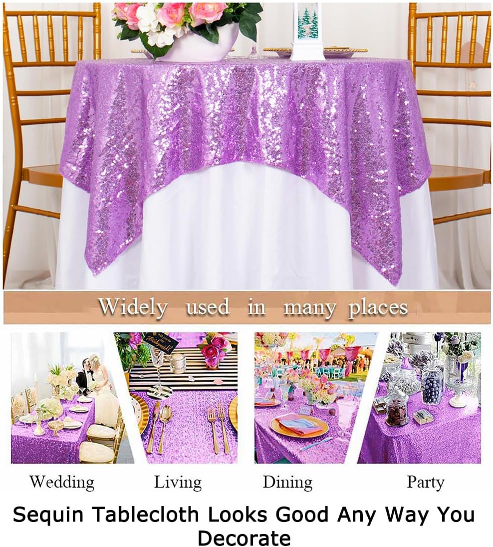 ShinyBeauty 36x36 Inch Sequin Tablecloth 2-Pack - Lilac Sparkle Table Overlay for Weddings, Birthdays, Parties, Lavender Shimmer Square Table Cover