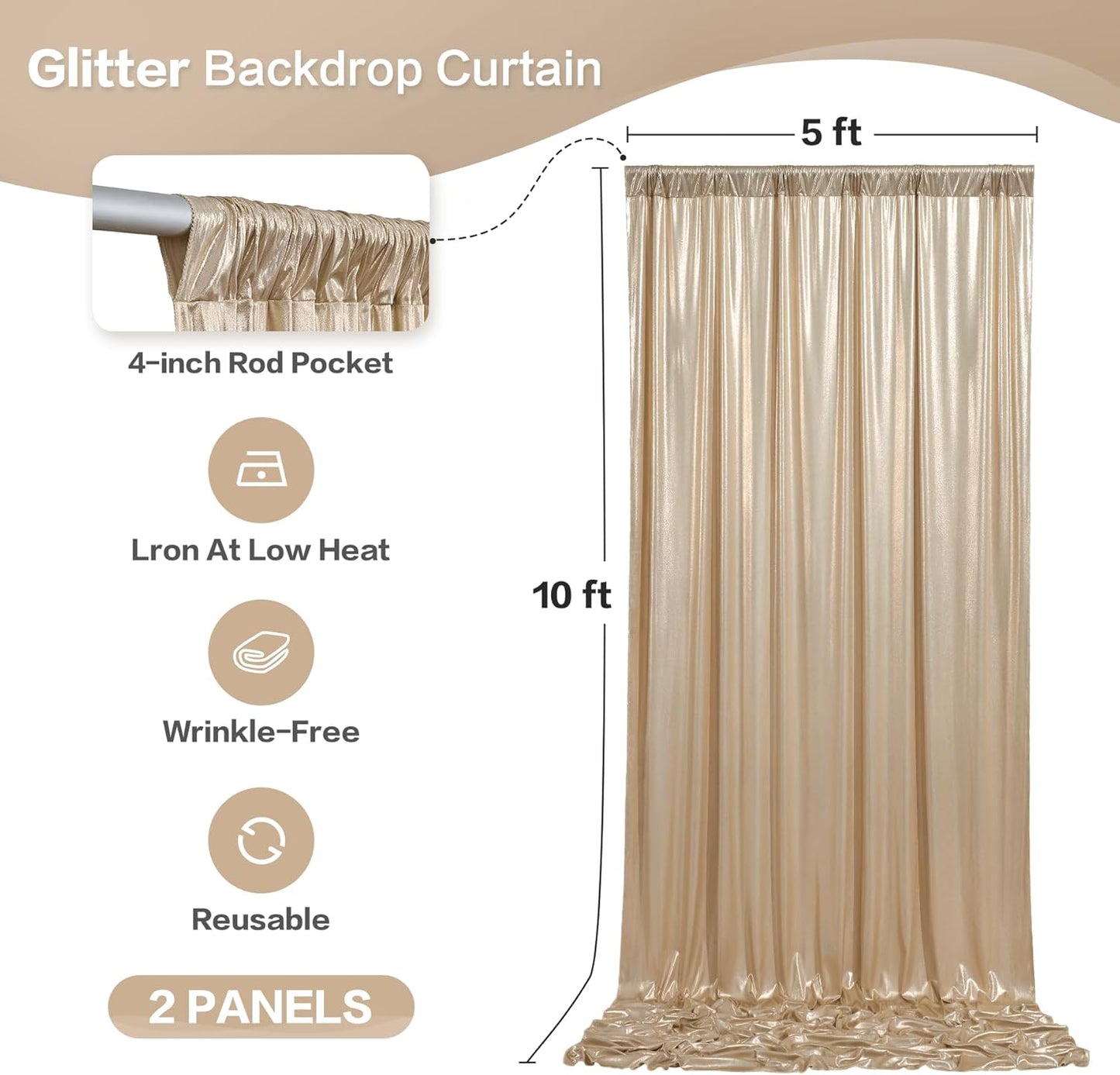 gogoparti 10x10FT Champagne Gold Sequin Backdrop Curtain - 2 Panels of 5x10FT Wrinkle-Free Glitter Drapes for Photography, Birthdays, Weddings & Graduations