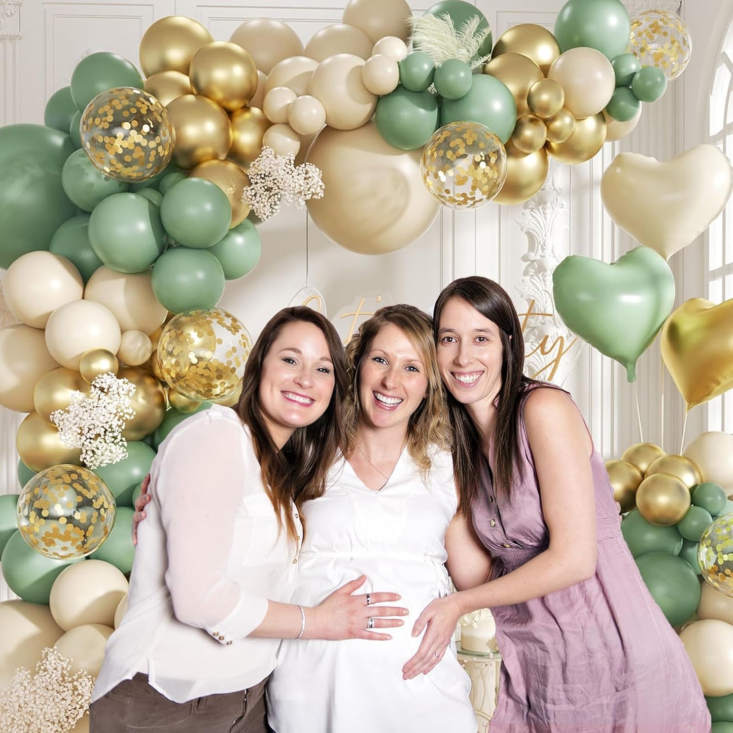 160Pcs Sage Green Gold Balloon Garland Arch Kit, Olive Green White Sand Gold Confetti Balloon with Heart Foil Balloons for Baby Shower Birthday Wedding Engagement Party Decorations