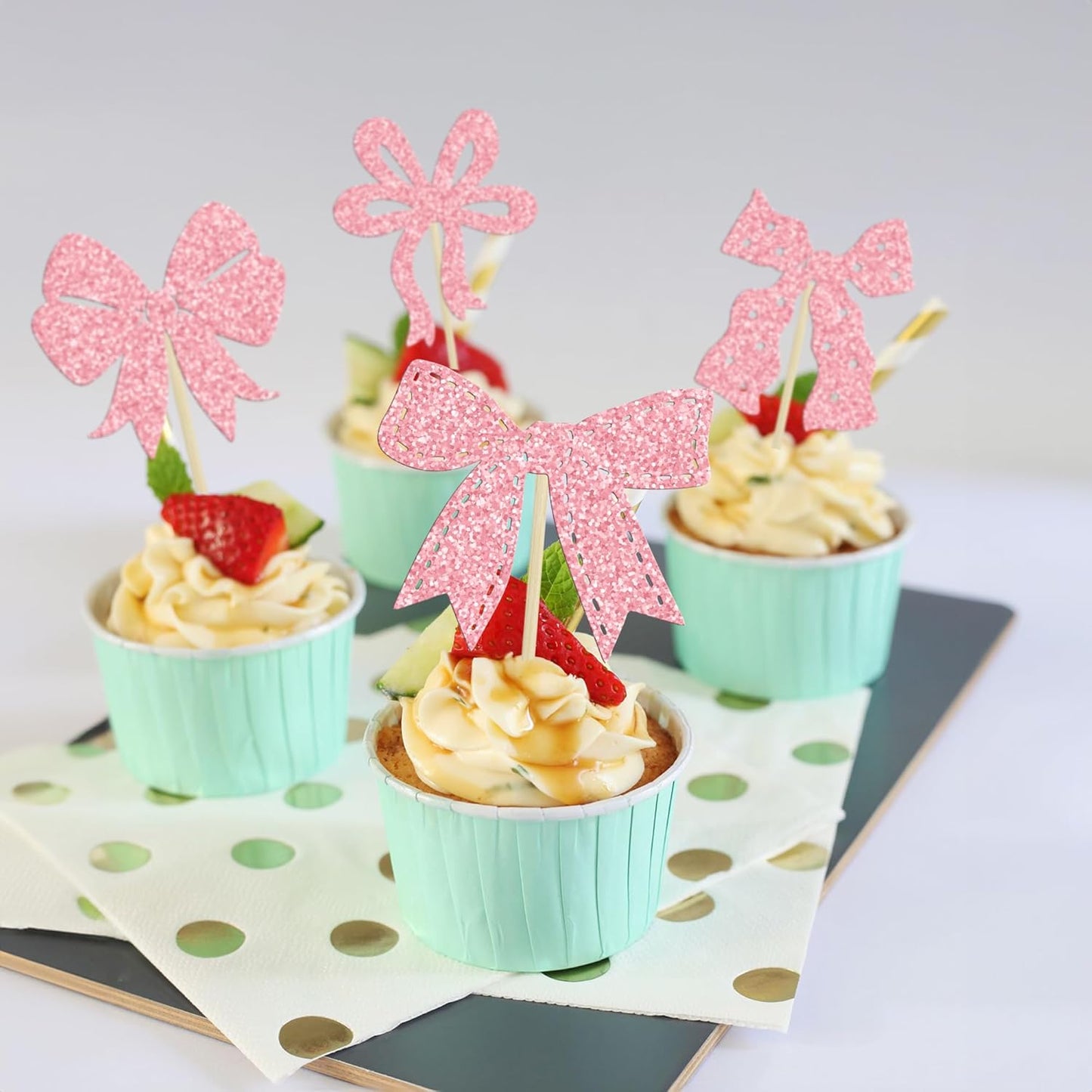 Ephlyn 24Pcs Bow Cupcake Toppers Pink Girls Birthday Party Decorations Bowknot Cupcake Toppers Bow Tie Birthday Cupcake Decorations Dessert Cake Toppers for Wedding Bachelorette Party Pink
