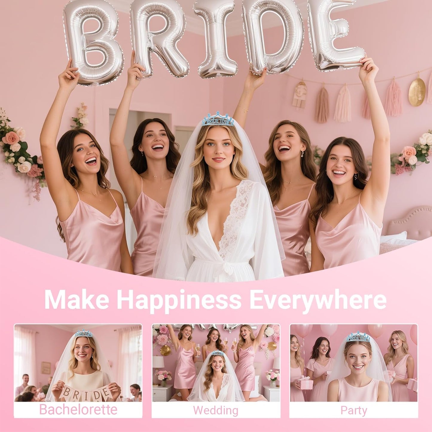 3Pcs Bride to Be Crown with Sash and Veil for Bachelorette Party Decorations,Bridal Shower Accessories for Gift, Favors