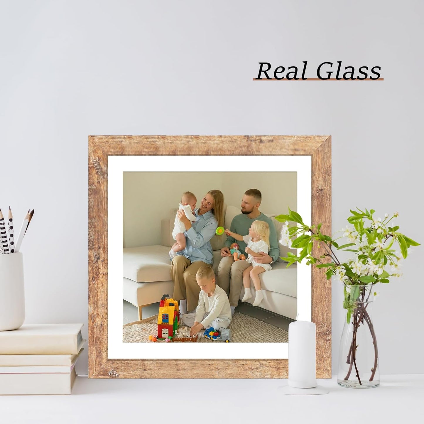 12x12 Picture Frame Set of 4 with Tempered Glass, Rustic Brown Frame Display 10x10 Pictures with Mat or 12 x 12 Without Mat, Wood Square Photo Frames for Desktop Display and Wall Mounting