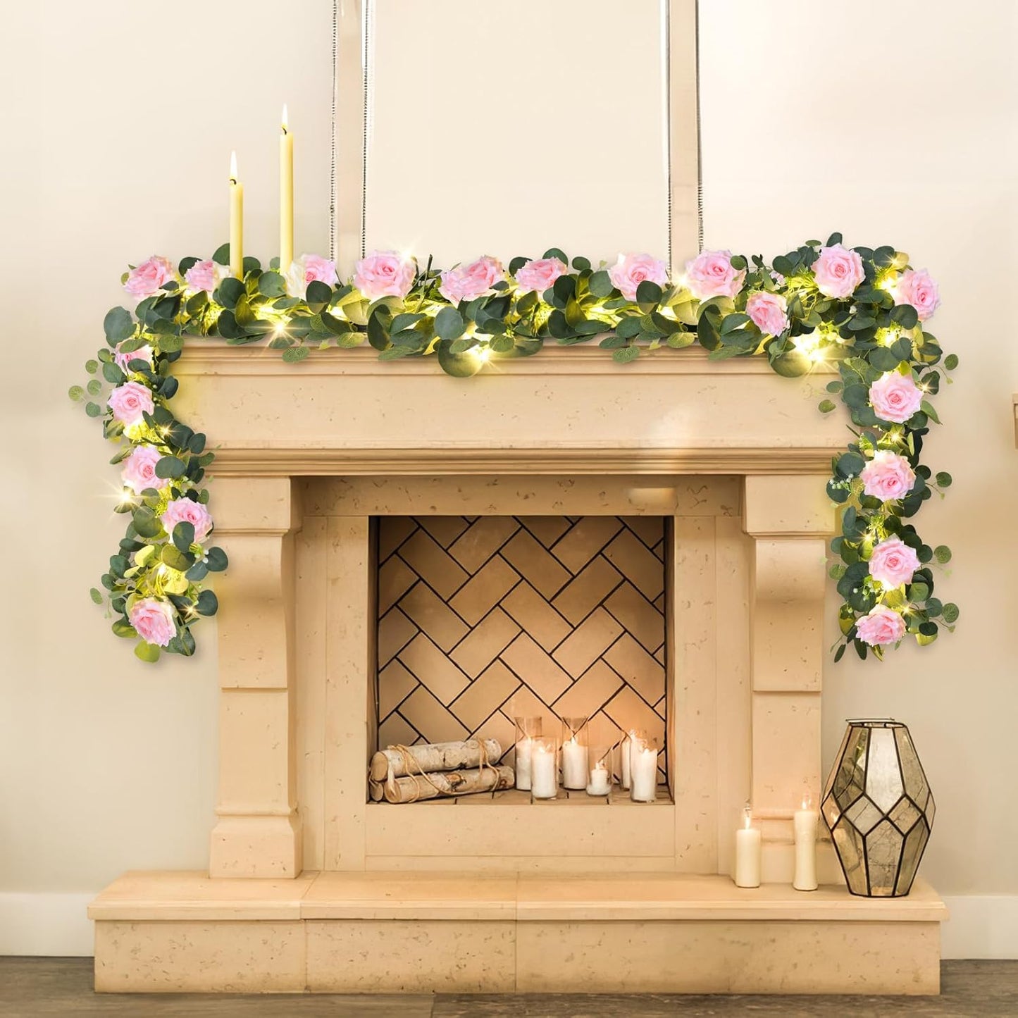 MACTING 2 Pack 13.2FT Eucalyptus Garland with Lights - Spring Gypsophila Flower Garlands with 24 Pink Roses Artificial Floral Greenery Vines for Arch Table Centerpieces Backdrop Party Wedding Decor