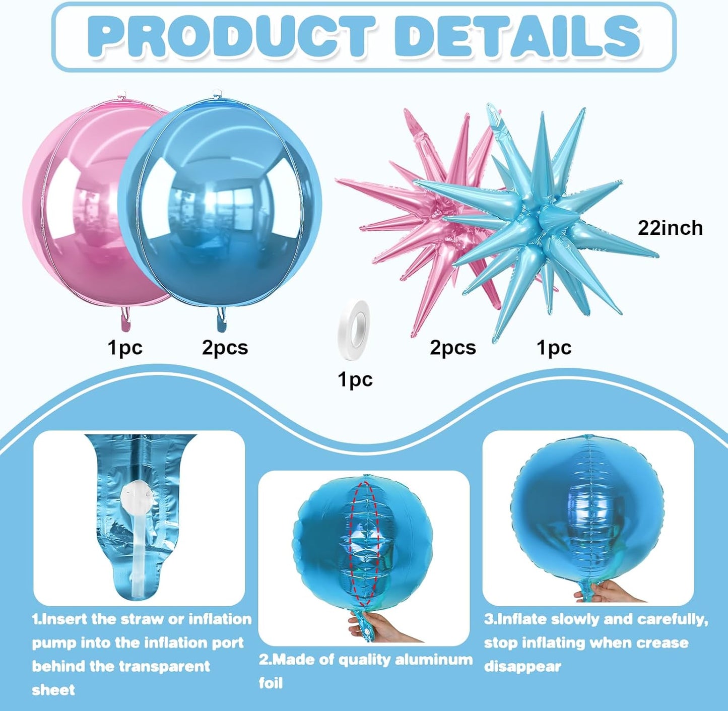 6Pcs Pink Blue Foil Balloons,22Inch Blue Pink 4D Round Ball Balloon and Explosion Star Balloon for Gender Reveal Birthday Wedding Baby Shower Anniversary Decorations