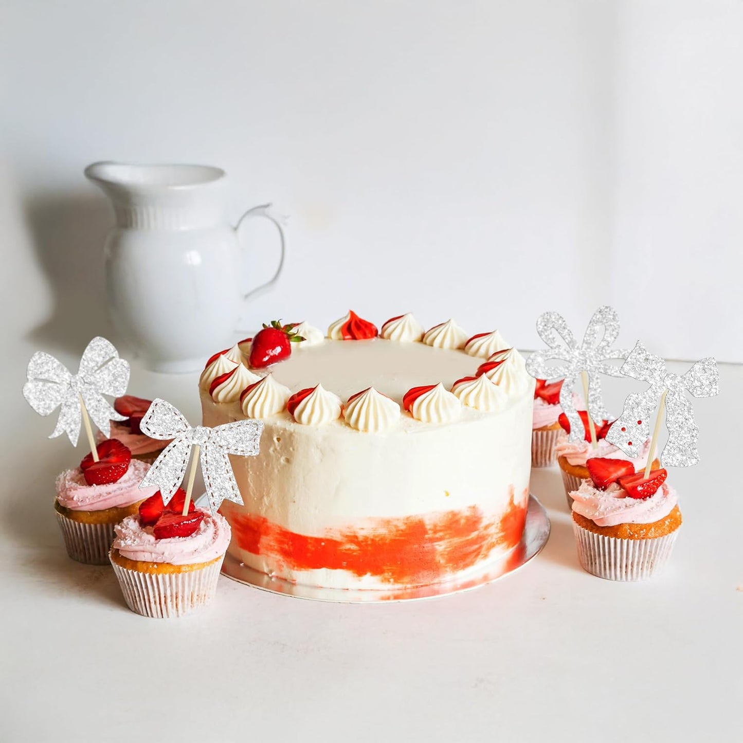 Ephlyn 24pcs Silver Bow Cupcake Toppers for Birthday, Baby Shower, Bridal Shower, Wedding, Bachelorette Party