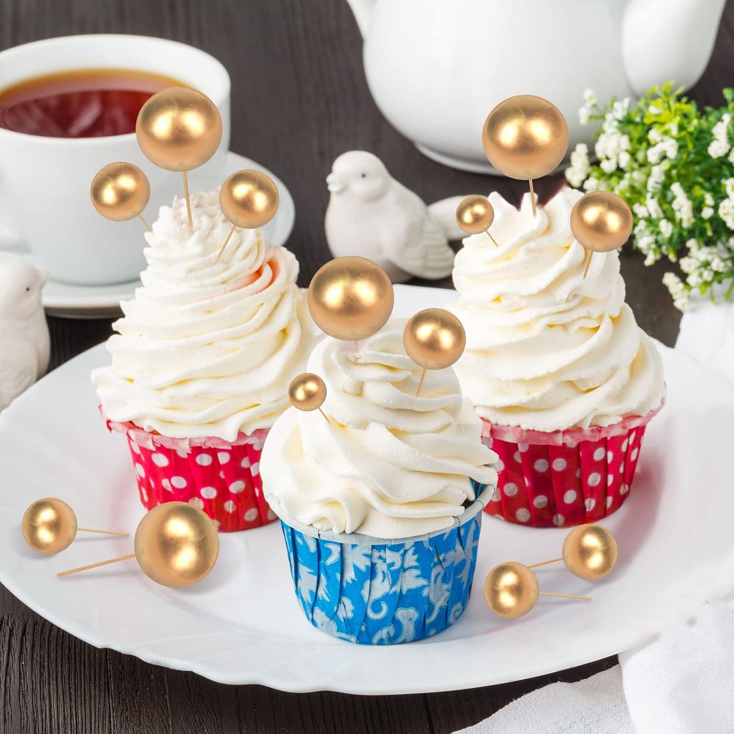 108 Pcs Balls Cake Topper DIY Cupcake Insert Foam Balloons for Cake Baking Wedding Anniversary Birthday Decoration(Red, White, Gold,Multi Sizes)