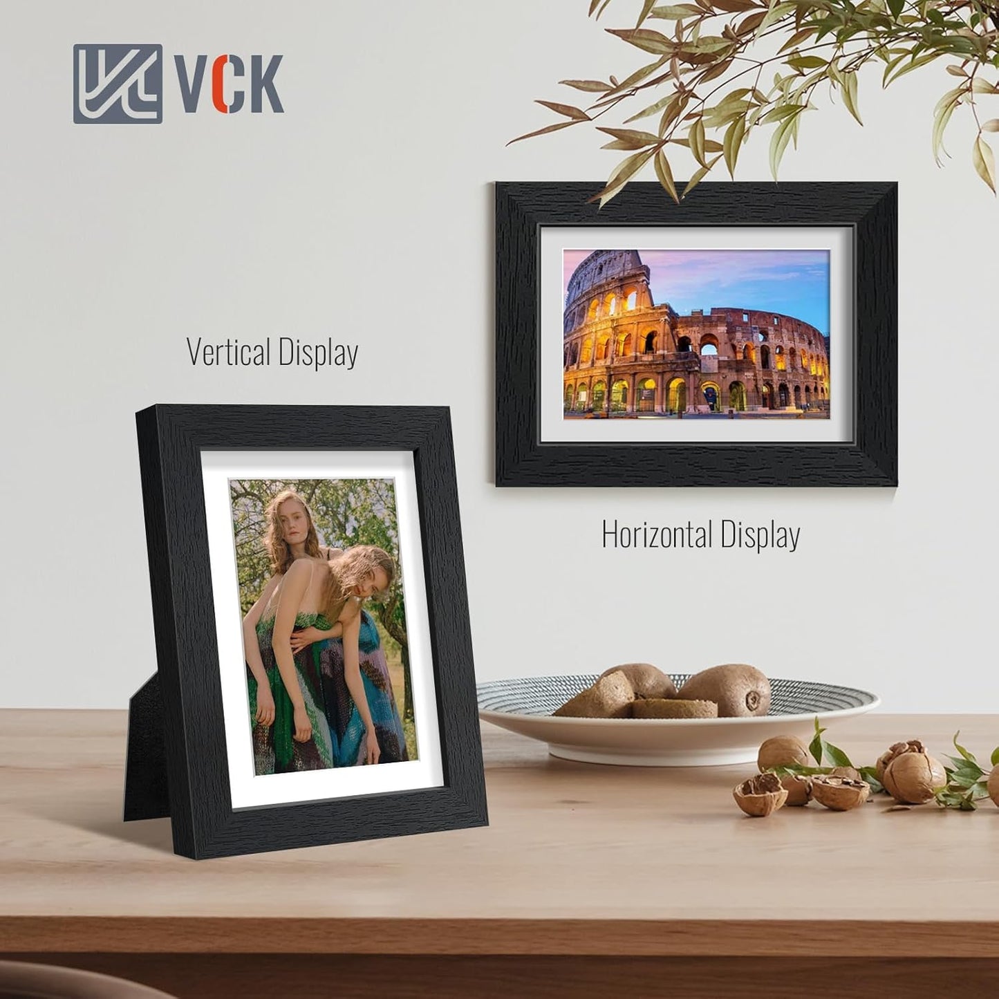 VCK 5x7 Picture Frame Set of 2 - Black, Textured Exclusive Wooden Photo Frames with HD Glass | Matted to 4x6 or 5x7 without Mat | Table Display or Wall Hanging