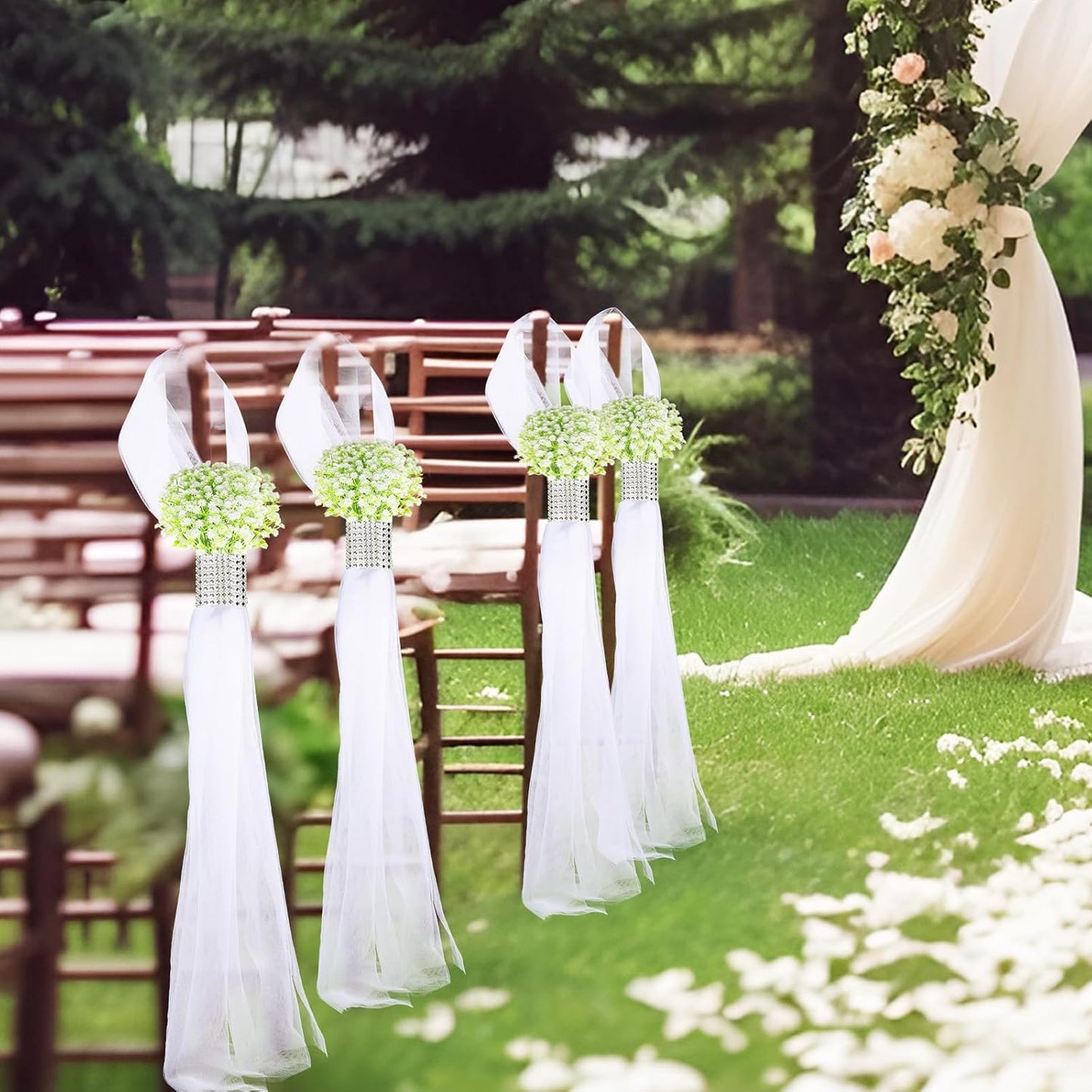 Olgaa Wedding Aisle Decorations for Ceremony Set of 24 Wedding Chair Pew Flowers Church Decorations with Artificial Baby’s Breath and Rhinestone for Weddings Party Bench Aisle (Baby’s Breath)