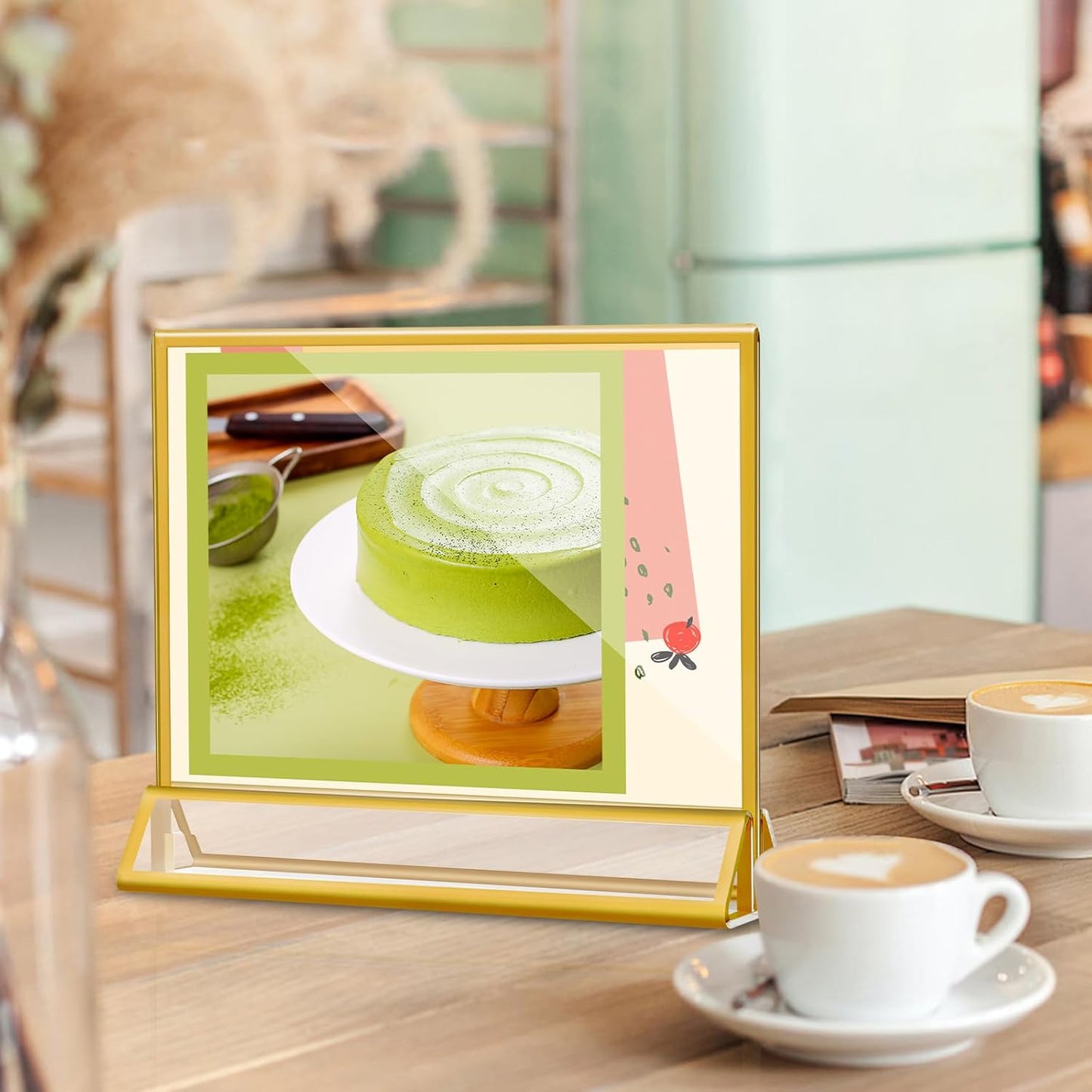 8 Pack Acrylic Sign Holders with Golden Border, Double Sided Clear Picture Frames, 6 x 4 Table Number Holders, Horizontal Menu Holders for Wedding Reception Art Display Party Decoration